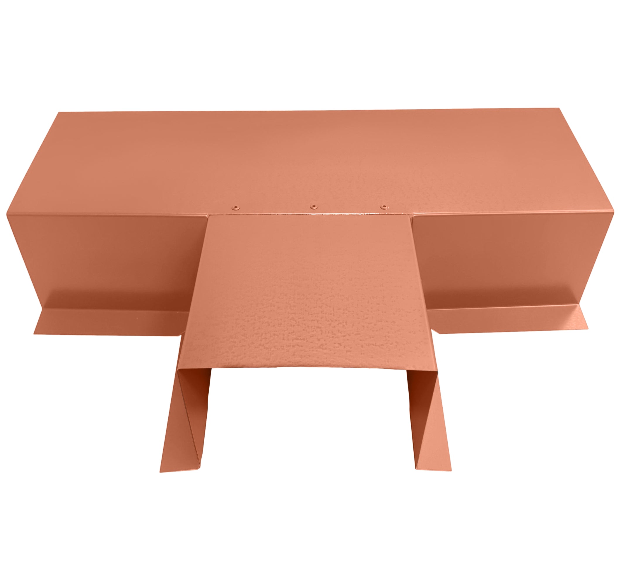 A PermaCover Metal HVAC Line Set Cover T-Joint Connector that is made to attach to exterior walls to cover existing HVAC line sets. The elbow cover is made from 16 Ounce Pure Copper.