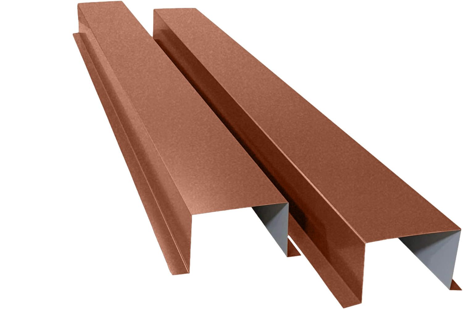 A PermaCover Metal HVAC Line Ste Cover Kit that consists of two 5 foot long sections. The covers telescope together and attach to exterior walls to cover existing HVAC line sets. The cover is Copper Penny in color.