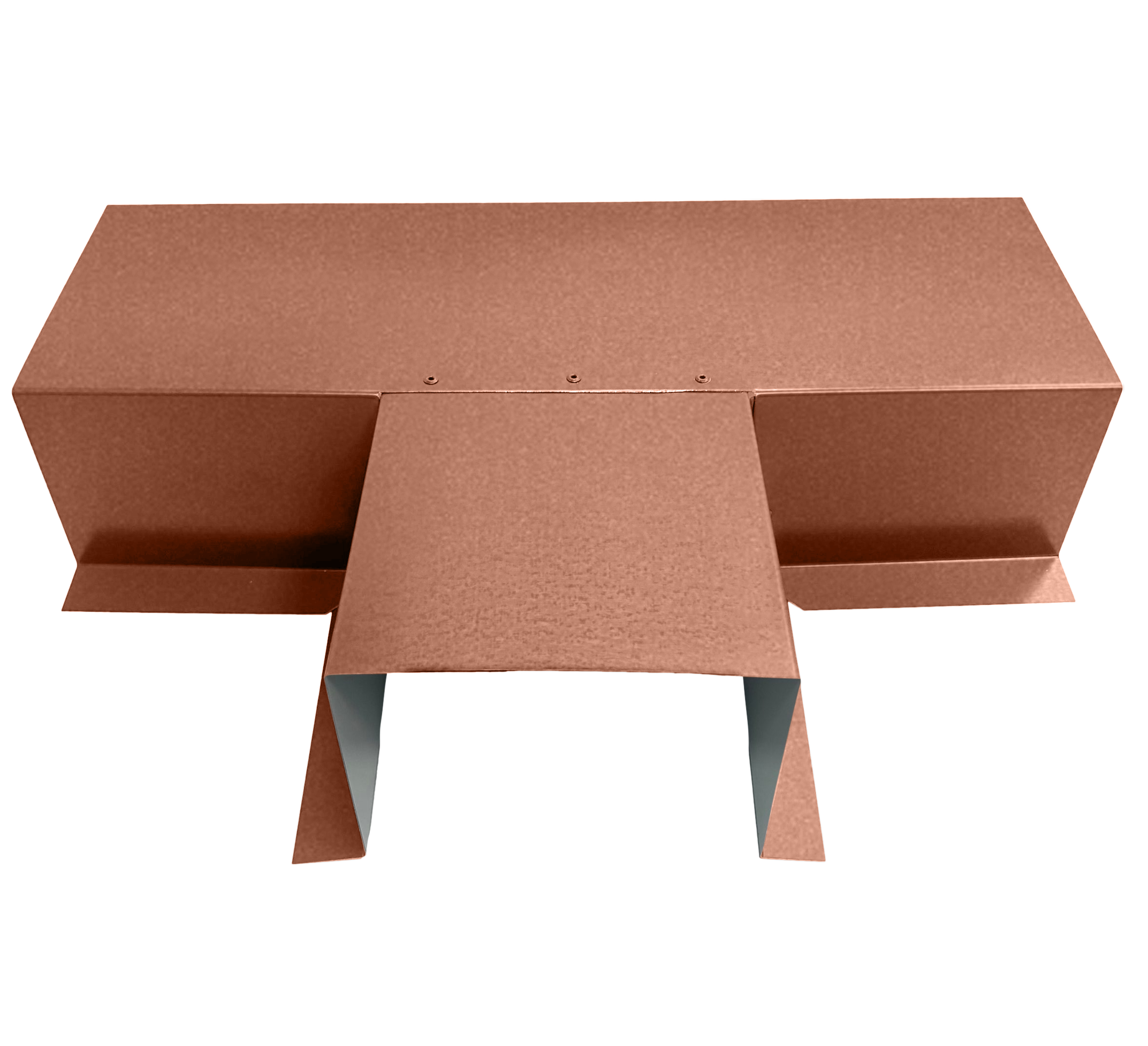 A PermaCover Metal HVAC Line Set Cover T-Joint Connector that is made to attach to exterior walls to cover existing HVAC line sets. The elbow cover is Copper Penny in color.