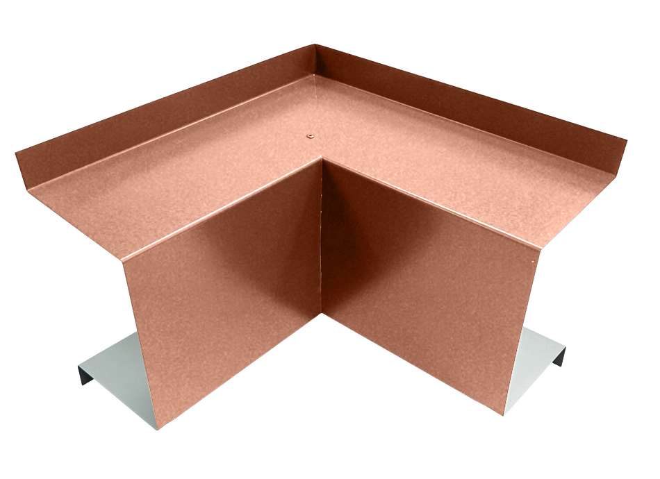 A PermaCover Metal HVAC Line Set Cover Inside Corner Elbow that is made to attach to exterior walls to cover existing HVAC line sets. The elbow cover is Copper Penny in color.