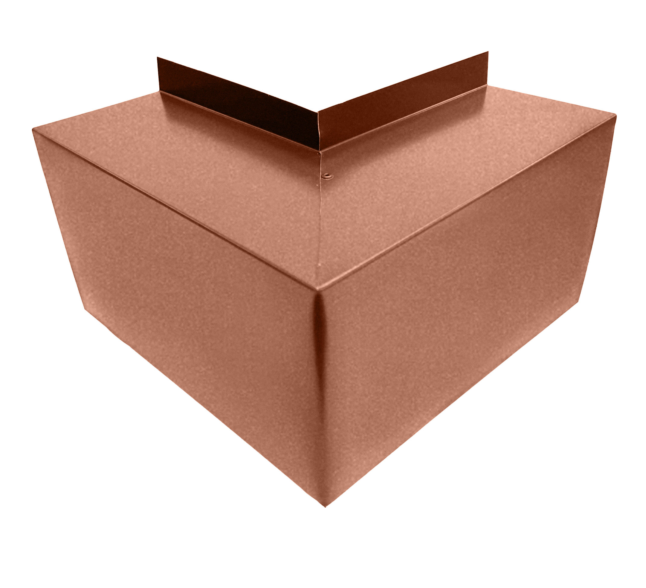 A PermaCover Metal HVAC Line Set Cover Outside Corner Elbow that is made to attach to exterior walls to cover existing HVAC line sets. The elbow cover is Copper Penny in color.