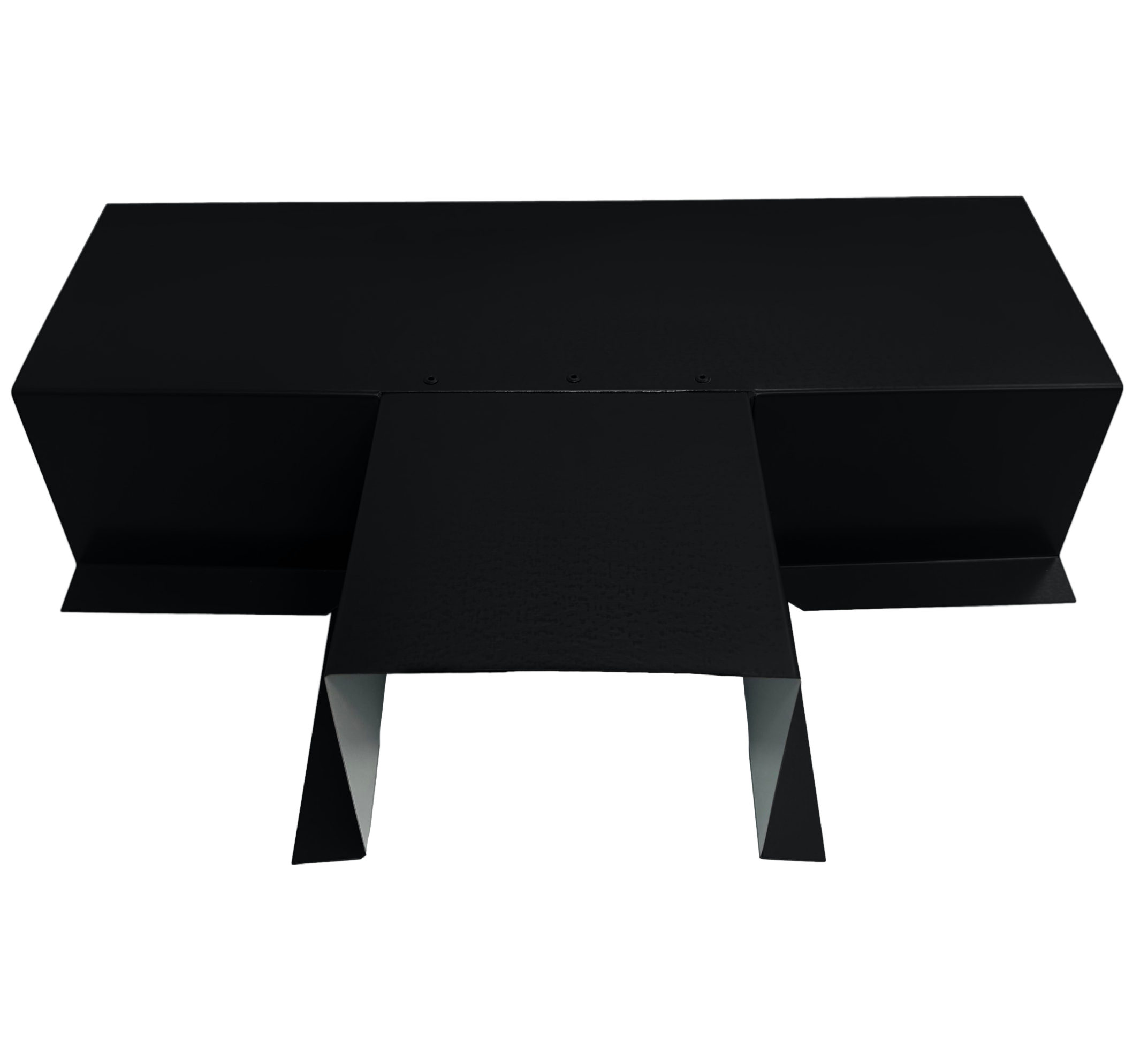 A PermaCover Metal HVAC Line Set Cover T-Joint Connector that is made to attach to exterior walls to cover existing HVAC line sets. The elbow cover is Deep Black in color.