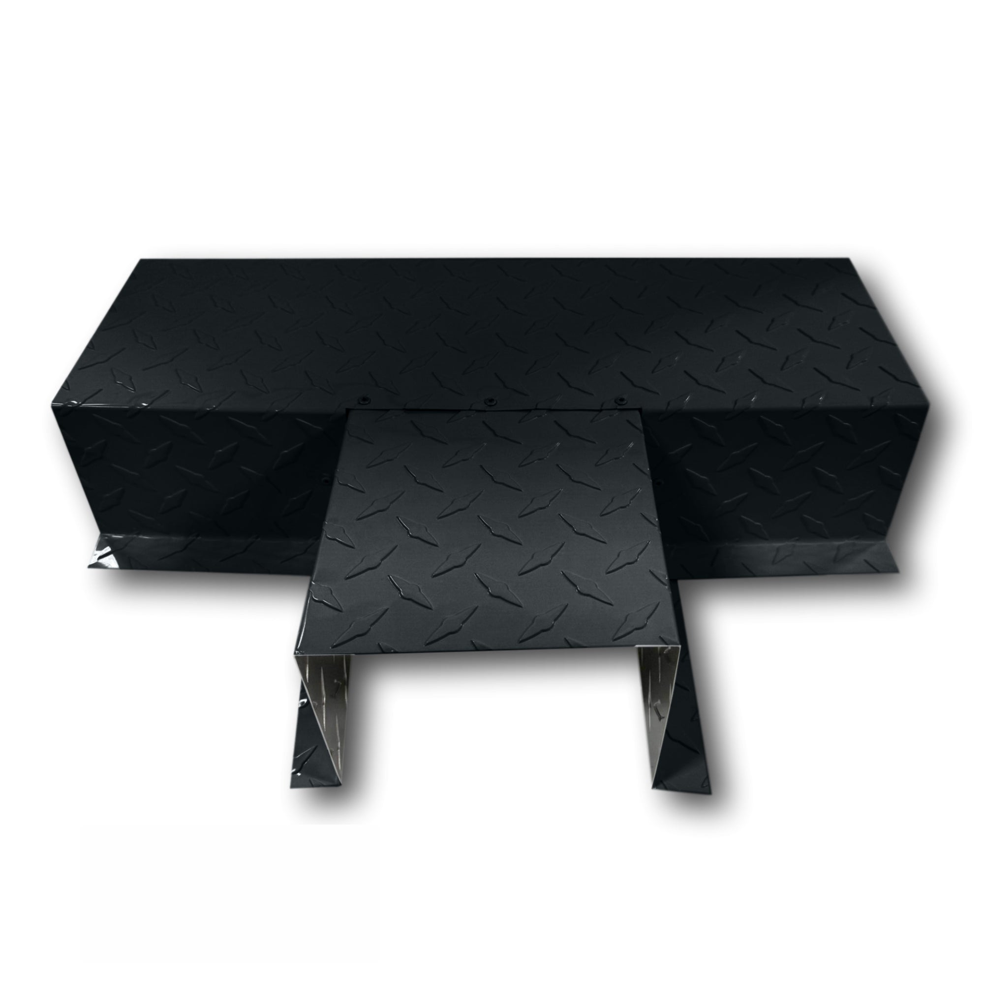 A PermaCover Metal HVAC Line Set Cover T-Joint Connector that is made to attach to exterior walls to cover existing HVAC line sets. The elbow cover is made from Aluminum Diamond Tread Plate in the color Black.