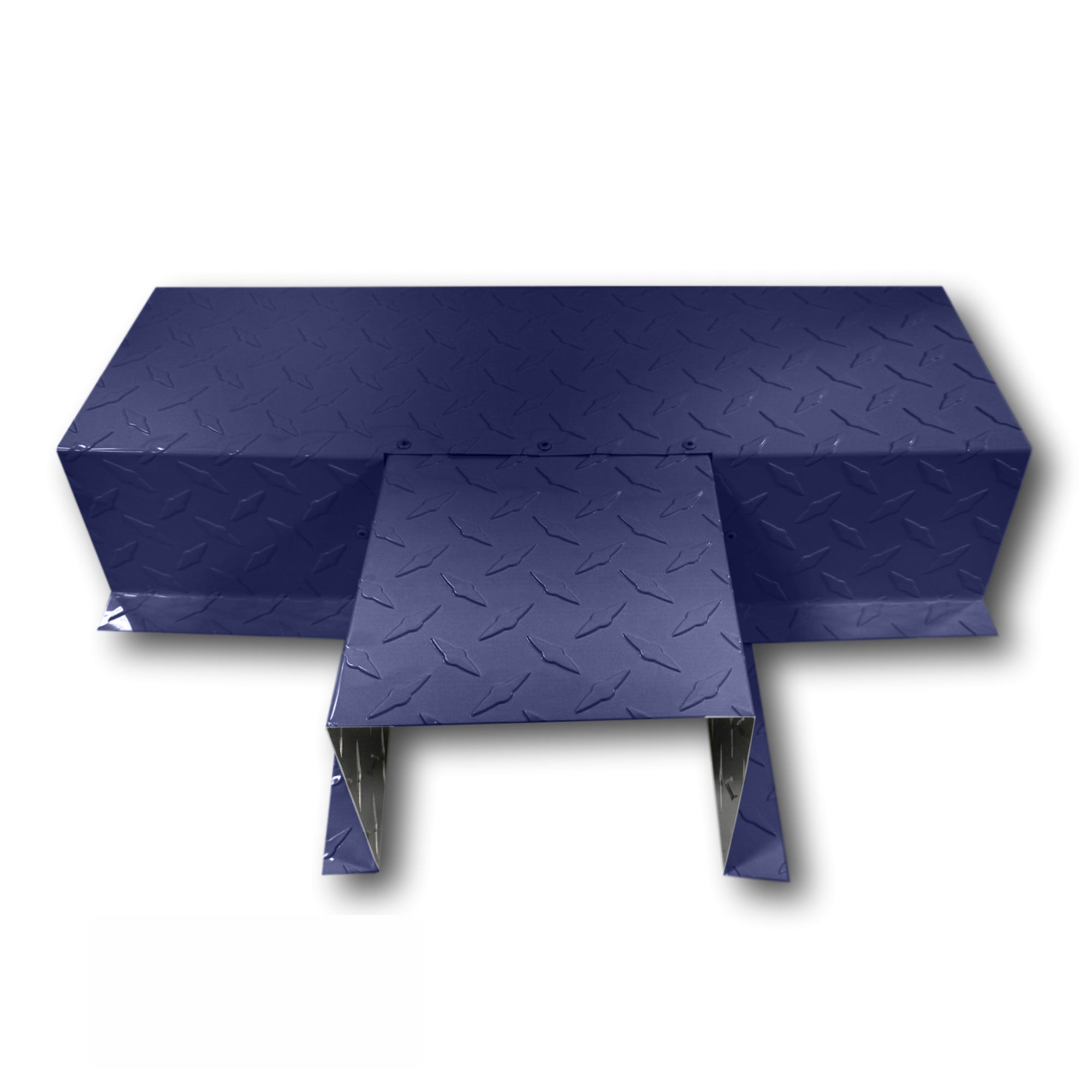 A PermaCover Metal HVAC Line Set Cover T-Joint Connector that is made to attach to exterior walls to cover existing HVAC line sets. The elbow cover is made from Aluminum Diamond Tread Plate in the color Blue.