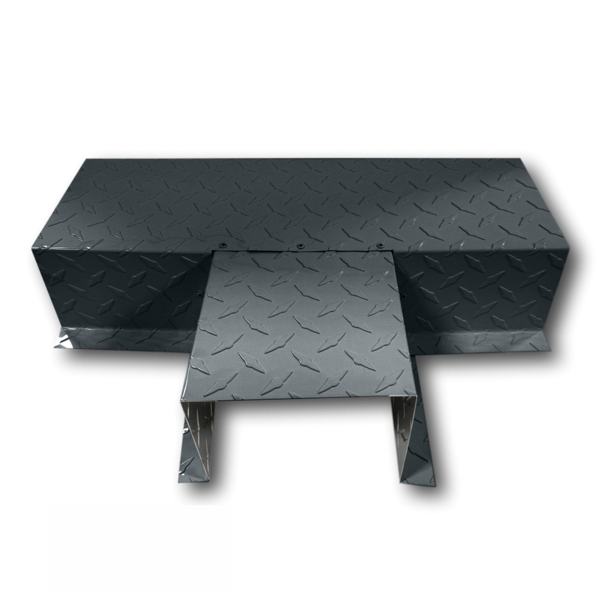 A PermaCover Metal HVAC Line Set Cover T-Joint Connector that is made to attach to exterior walls to cover existing HVAC line sets. The elbow cover is made from Aluminum Diamond Tread Plate in the color Gray.