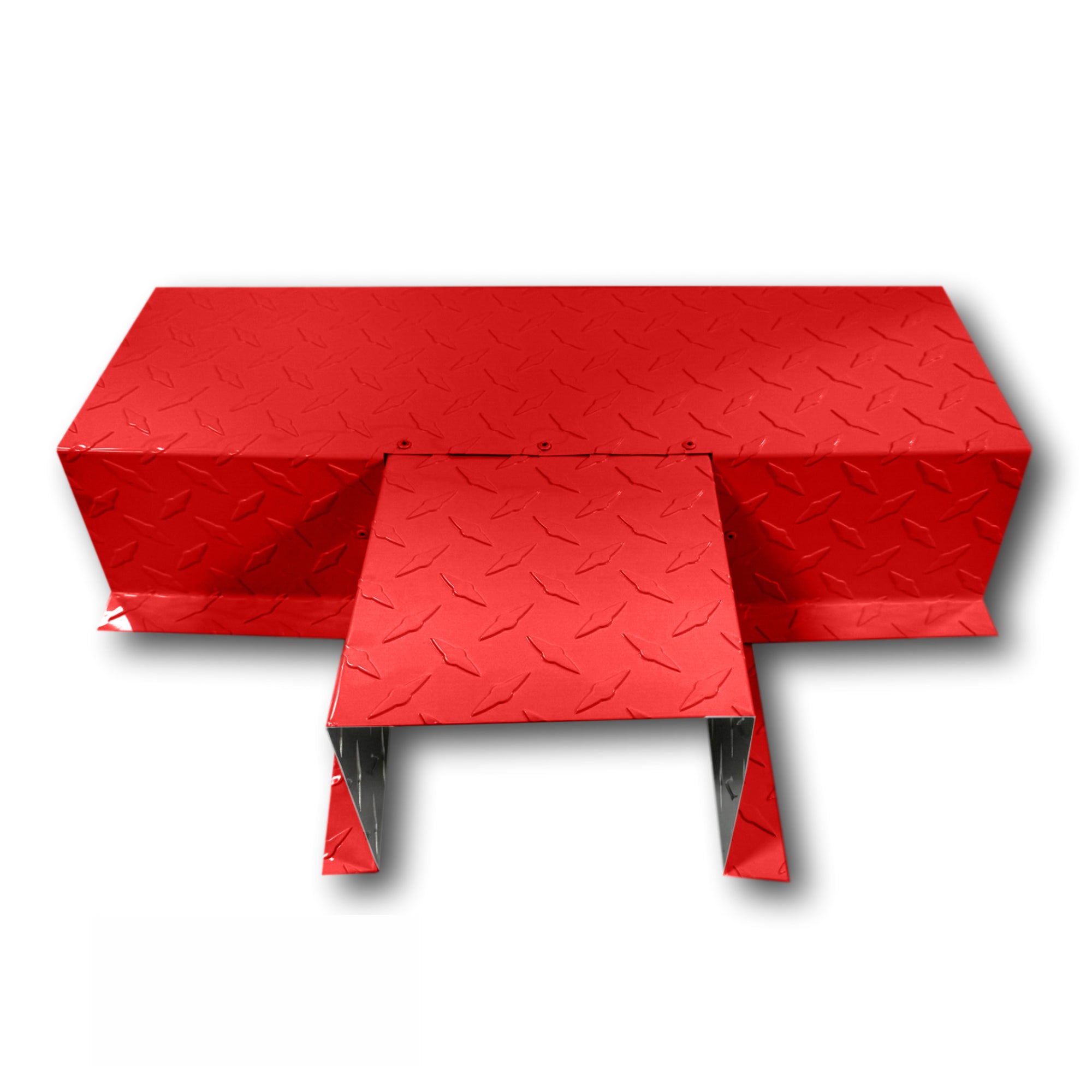 A PermaCover Metal HVAC Line Set Cover T-Joint Connector that is made to attach to exterior walls to cover existing HVAC line sets. The elbow cover is made from Aluminum Diamond Tread Plate in the color Red.