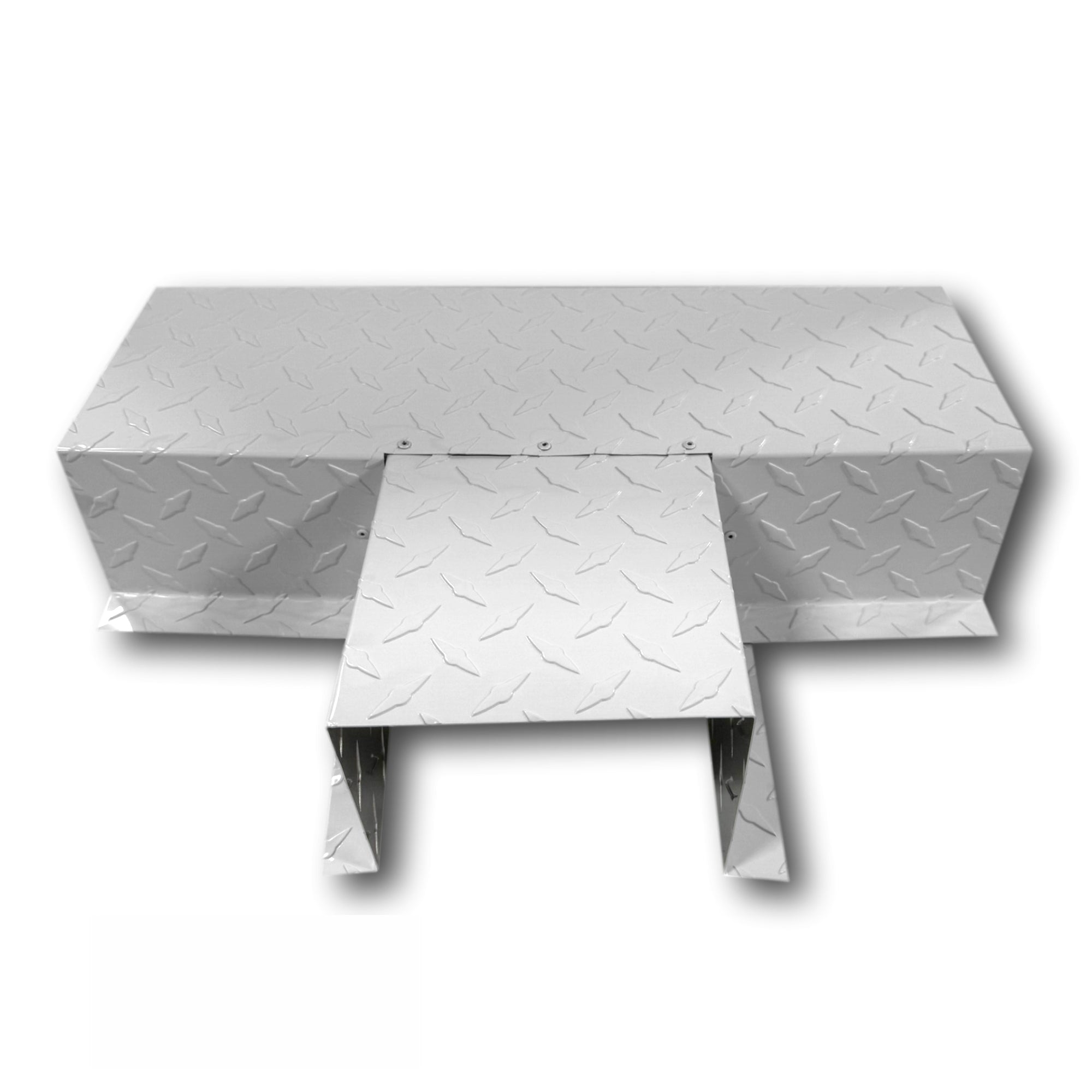 A PermaCover Metal HVAC Line Set Cover T-Joint Connector that is made to attach to exterior walls to cover existing HVAC line sets. The elbow cover is made from Aluminum Diamond Tread Plate in the color White.