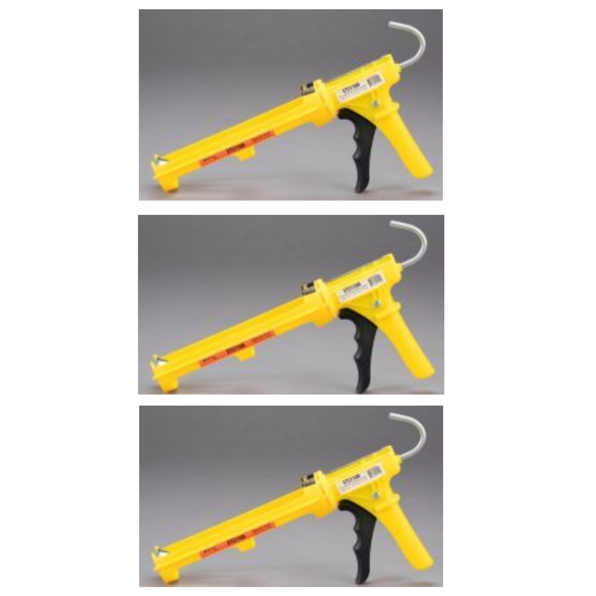 Three dripless plastic caulking guns that are yellow in color and hold sealant and caulk for applying to surfaces.