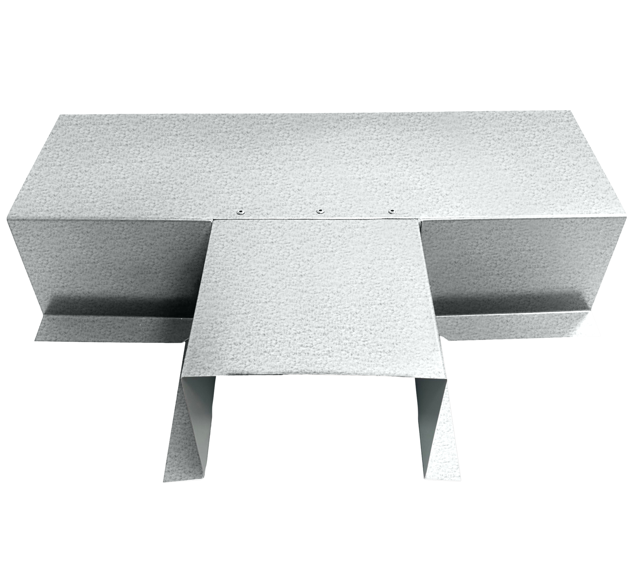 A PermaCover Metal HVAC Line Set Cover T-Joint Connector that is made to attach to exterior walls to cover existing HVAC line sets. The elbow cover is Galvalume Plus in color.