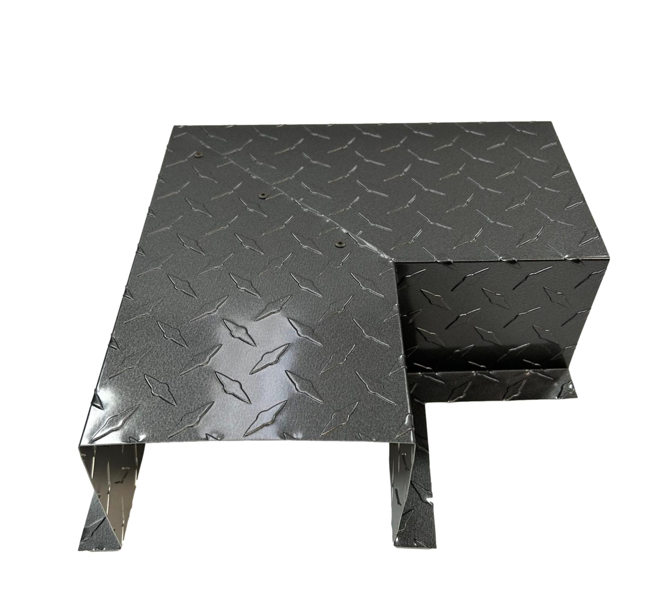 A PermaCover Metal HVAC Line Set Cover 90° Side Turning Elbow that is made to attach to exterior walls to cover existing HVAC line sets. The elbow is made from 0.025 inch Aluminum Diamond Plate in the color Gray.