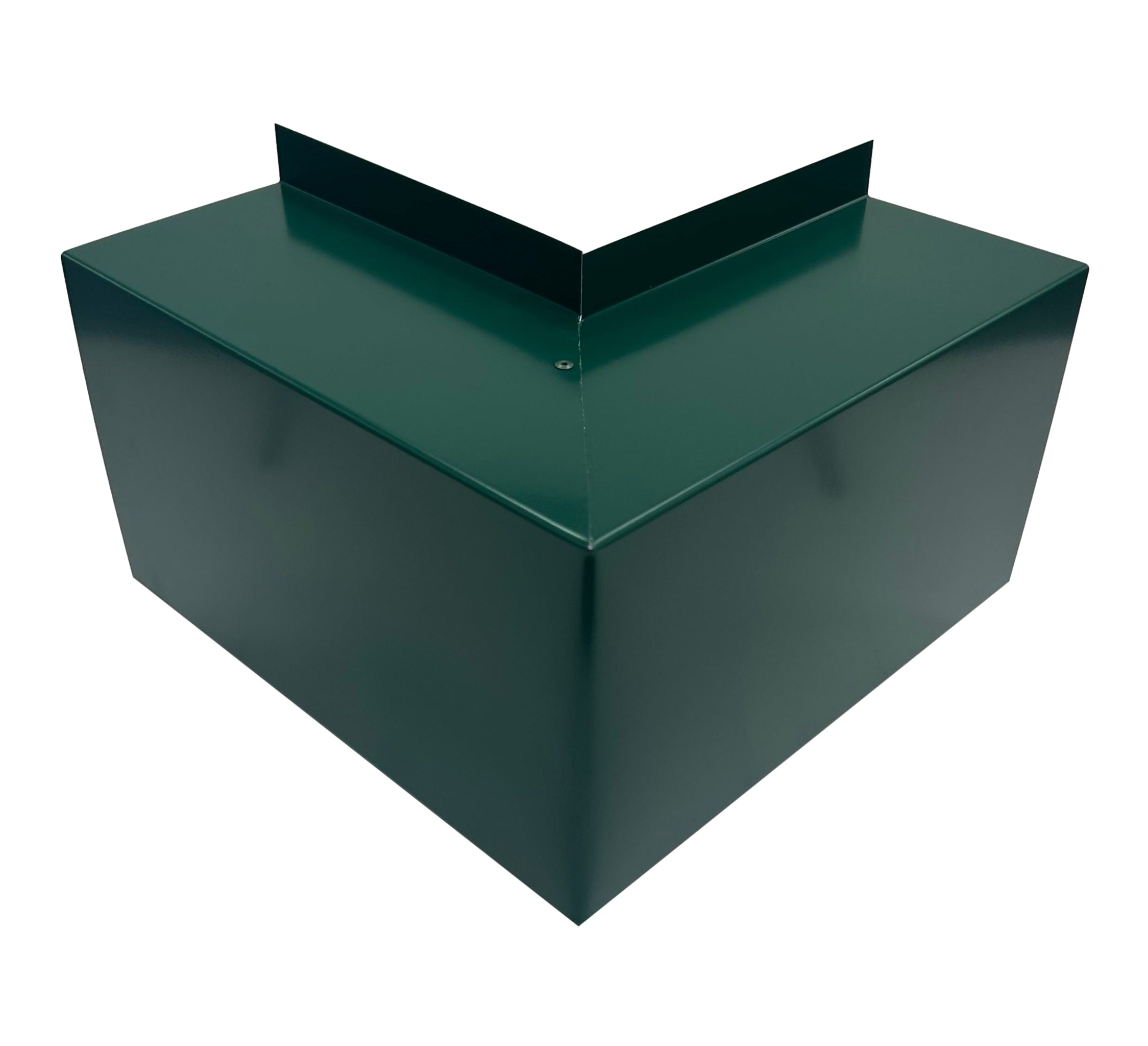 A PermaCover Metal HVAC Line Set Cover Outside Corner Elbow that is made to attach to exterior walls to cover existing HVAC line sets. The elbow cover made from 26 Gauge Painted Steel in the color Forest Green.