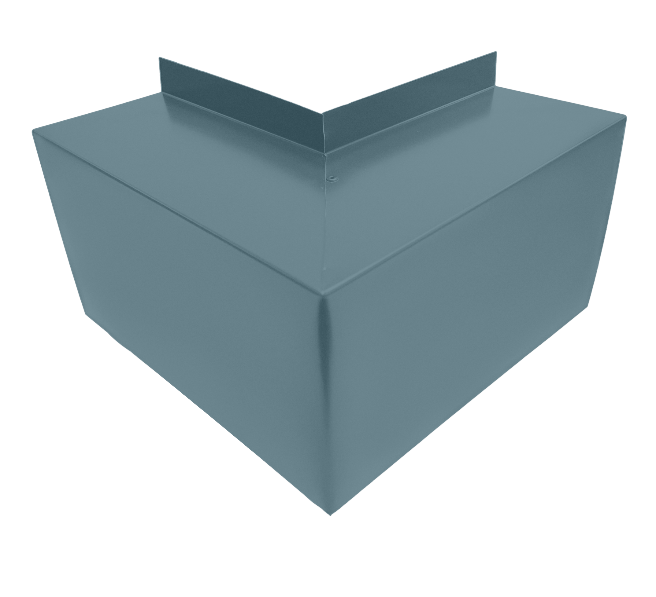 A PermaCover Metal HVAC Line Set Cover Outside Corner Elbow that is made to attach to exterior walls to cover existing HVAC line sets. The elbow cover made from 26 Gauge Painted Steel in the color Hawaiian Blue.