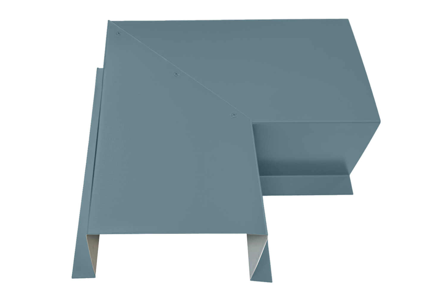 A PermaCover Metal HVAC Line Set Cover 90° Side Turning Elbow that is made to attach to exterior walls to cover existing HVAC line sets. The elbow is made from 26 Gauge Painted Steel in the color Hawaiian Blue.
