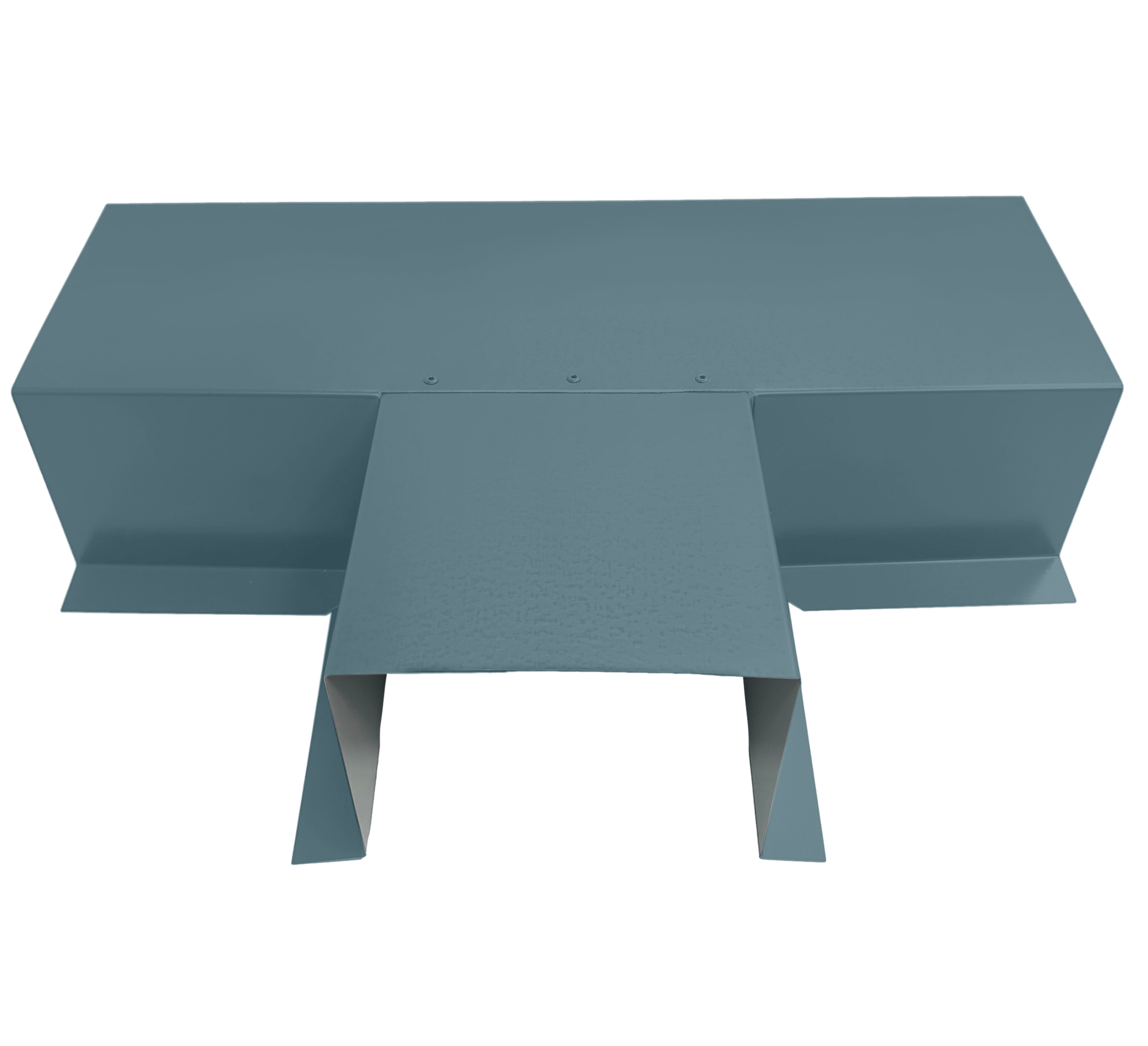 A PermaCover Metal HVAC Line Set Cover T-Joint Connector that is made to attach to exterior walls to cover existing HVAC line sets. The elbow cover is made from 6 Gauge Painted Steel and is Hawaiian Blue in color.