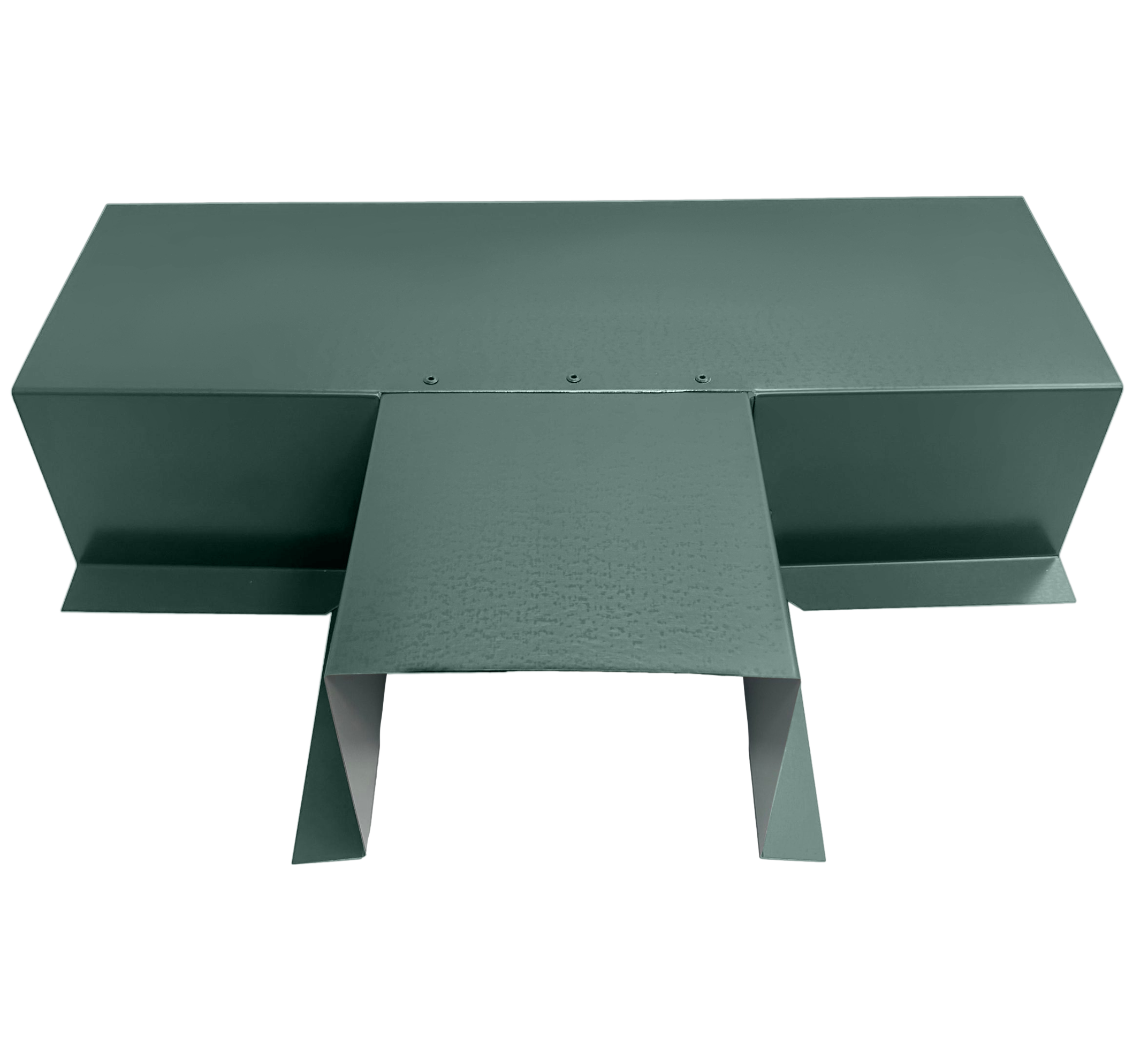 A PermaCover Metal HVAC Line Set Cover T-Joint Connector that is made to attach to exterior walls to cover existing HVAC line sets. The elbow cover is Hemlock Green in color.