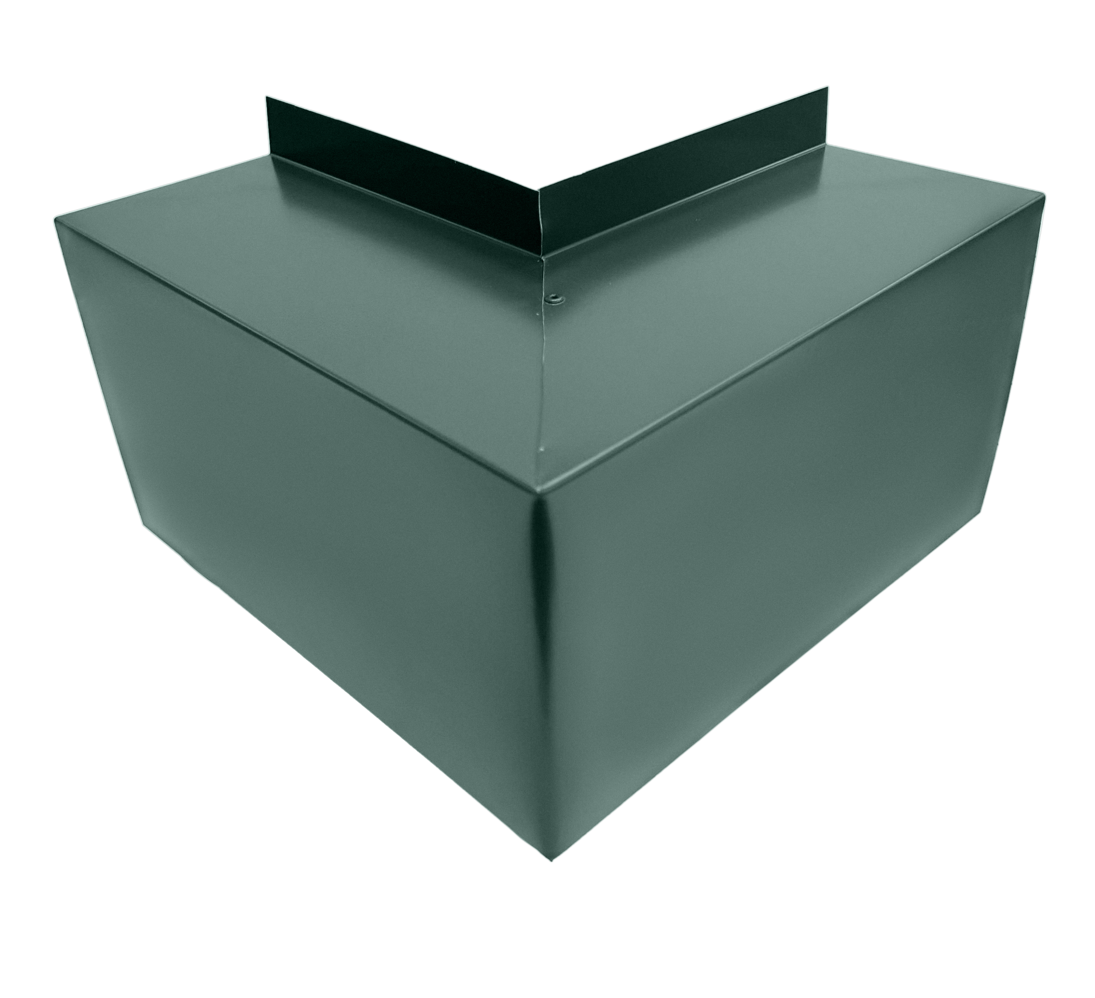 A PermaCover Metal HVAC Line Set Cover Outside Corner Elbow that is made to attach to exterior walls to cover existing HVAC line sets. The elbow cover is Hemlock Green in color.