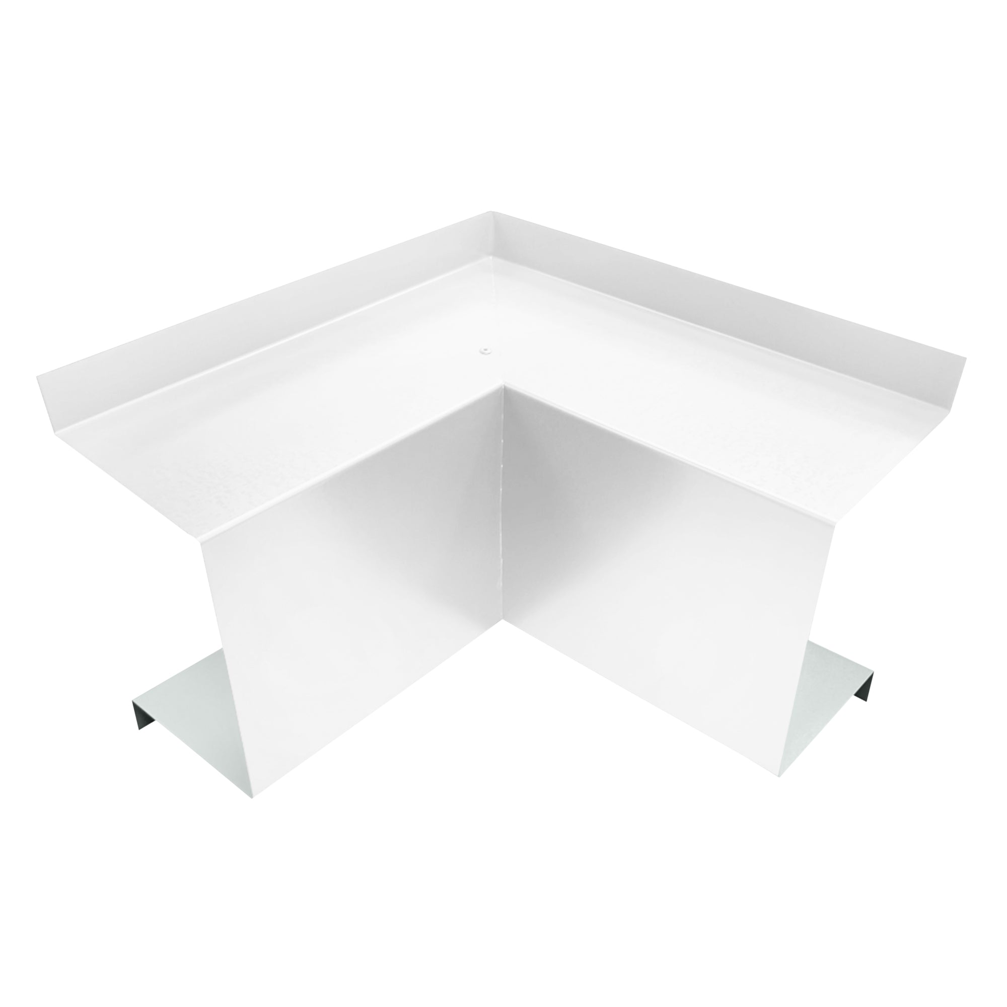 A PermaCover Metal HVAC Line Set Cover Inside Corner Elbow that is made to attach to exterior walls to cover existing HVAC line sets. The elbow cover made from 26 Gauge Painted Steel and is White in color.