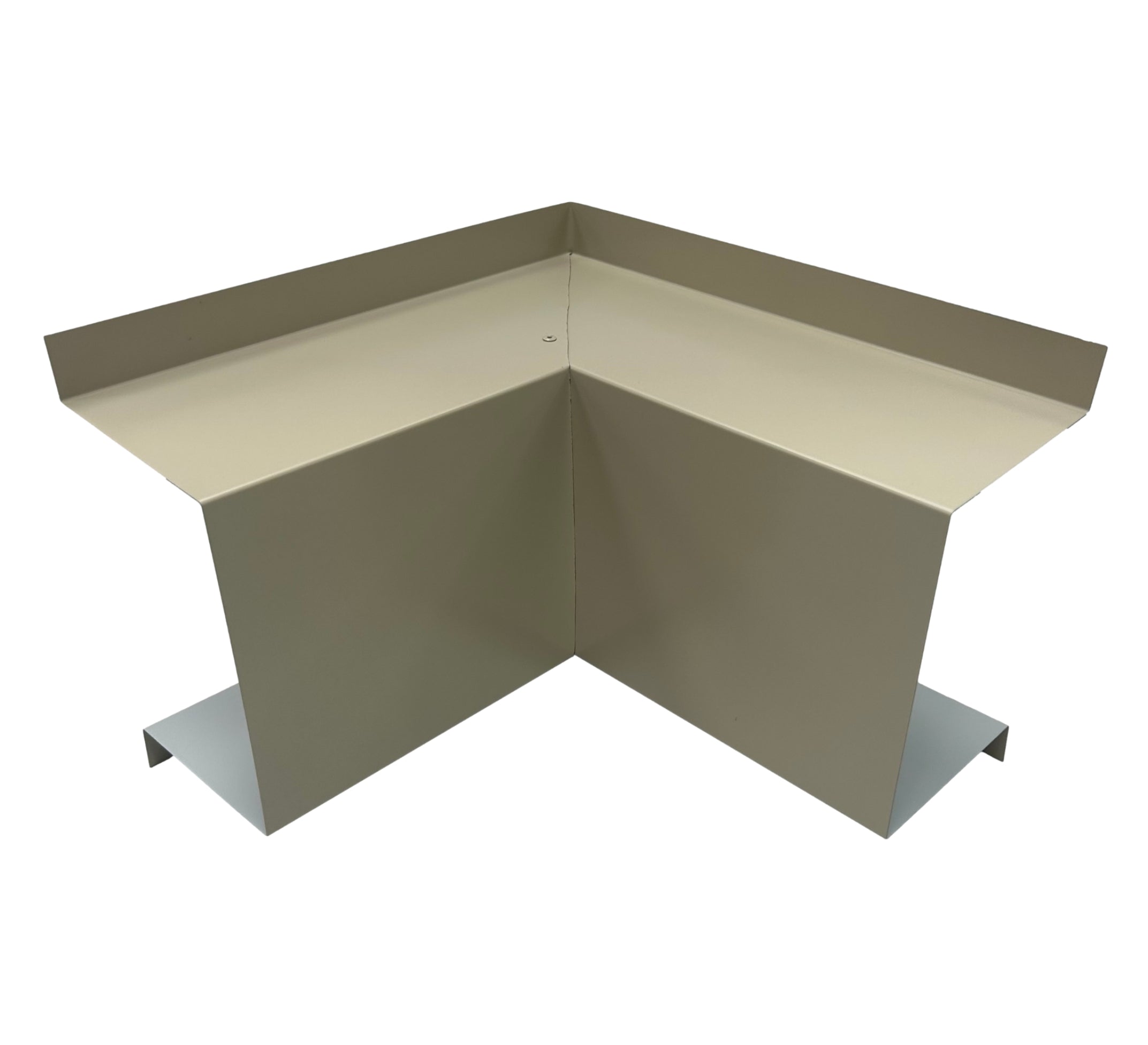 A PermaCover Metal HVAC Line Set Cover Inside Corner Elbow that is made to attach to exterior walls to cover existing HVAC line sets. The elbow cover made from 26 Gauge Painted Steel and is Lightstone in color.