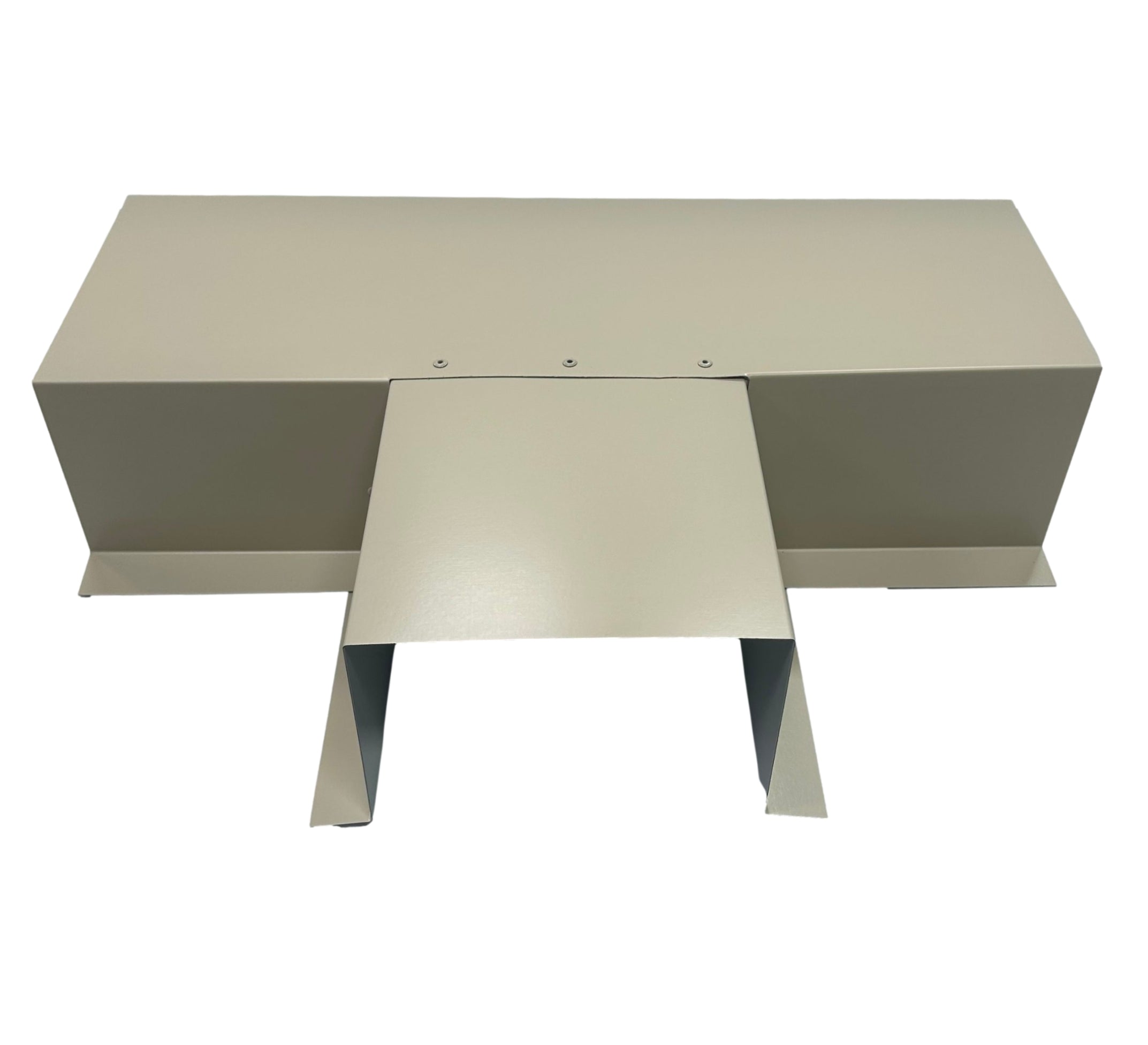 A PermaCover Metal HVAC Line Set Cover T-Joint Connector that is made to attach to exterior walls to cover existing HVAC line sets. The elbow cover is made from 6 Gauge Painted Steel and is Lightstone in color.
