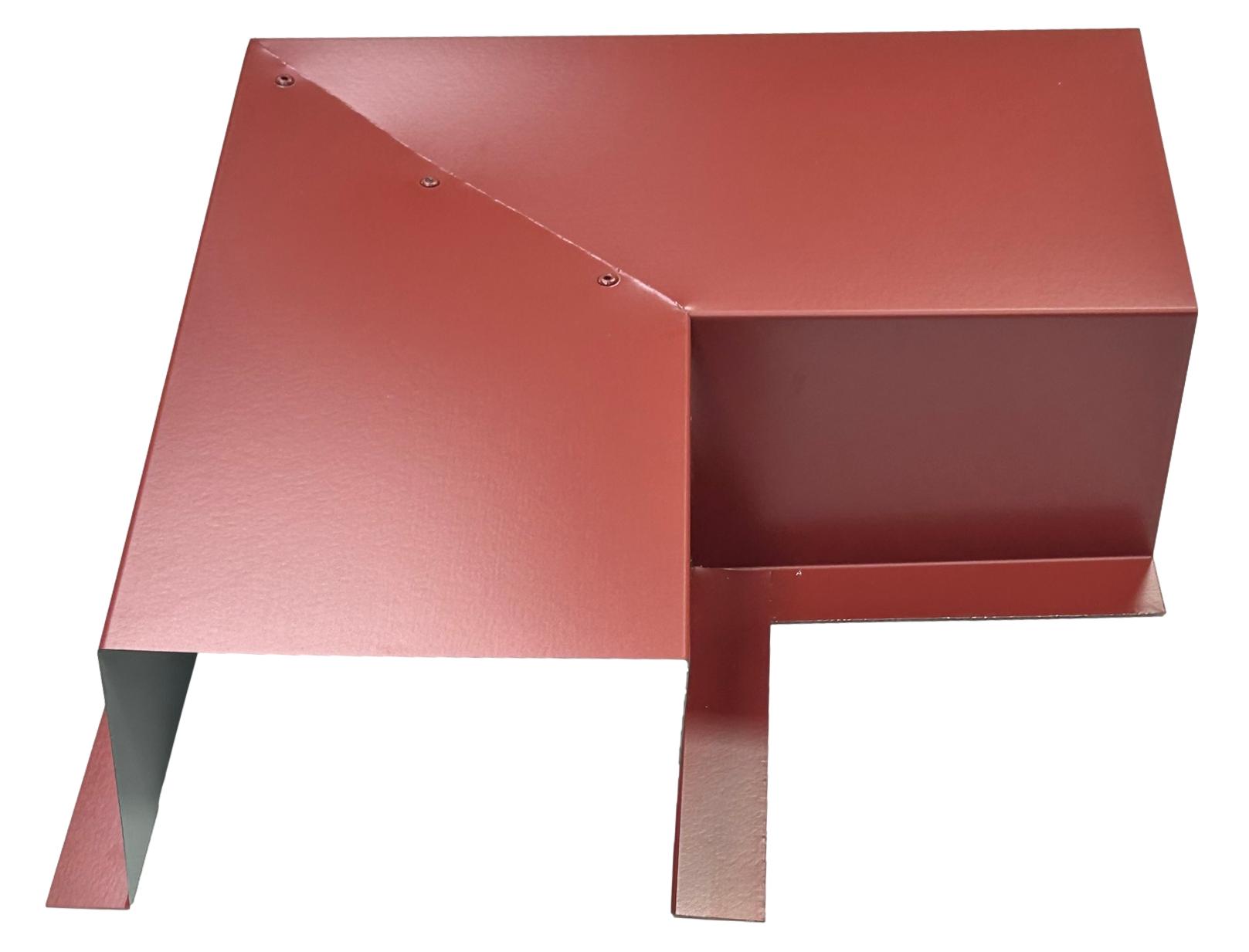 A PermaCover Metal HVAC Line Set Cover 90° Side Turning Elbow that is made to attach to exterior walls to cover existing HVAC line sets. The elbow is made from 26 Gauge Painted Steel and is Barn Red in color.