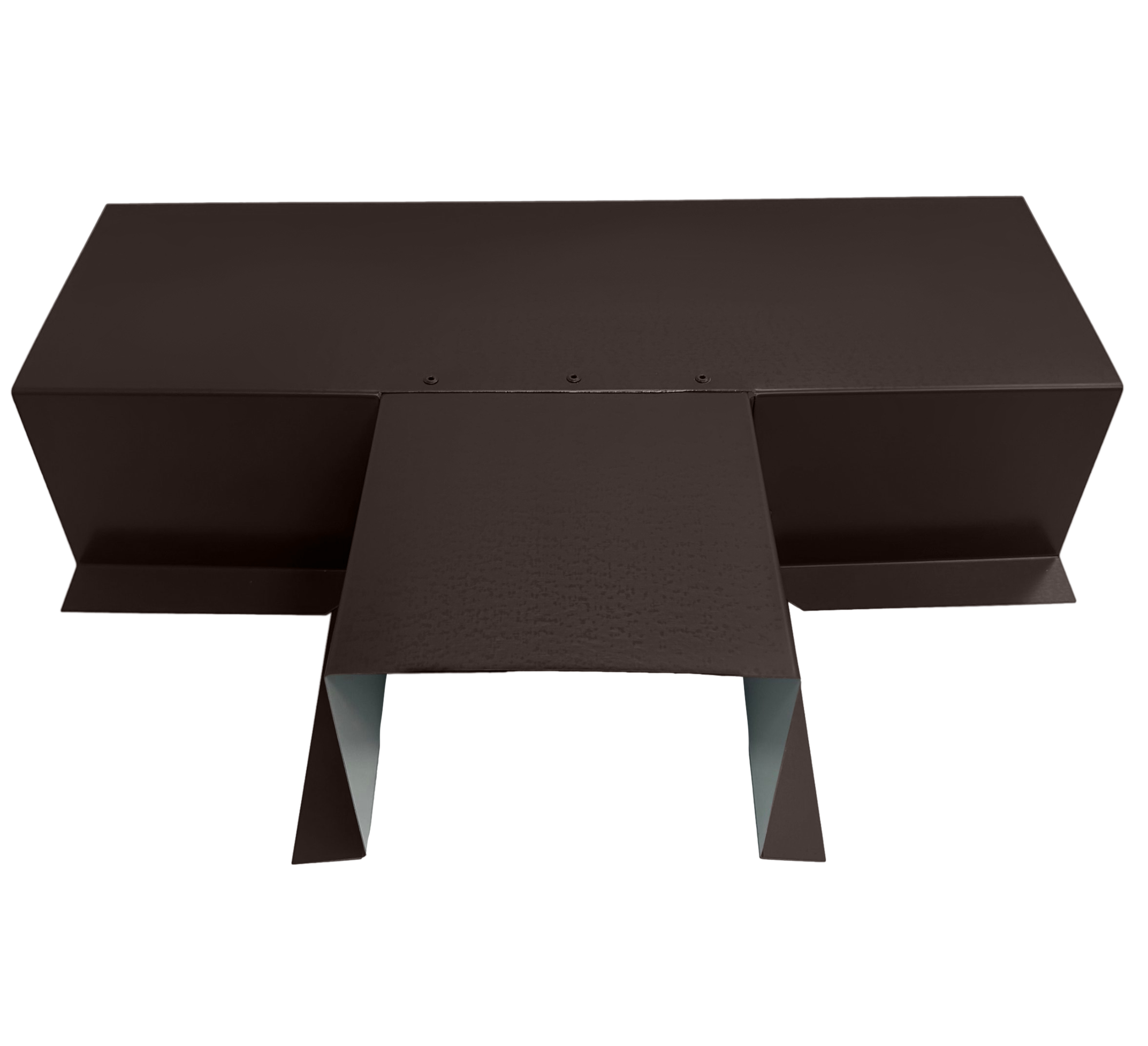 A PermaCover Metal HVAC Line Set Cover T-Joint Connector that is made to attach to exterior walls to cover existing HVAC line sets. The elbow cover is Mansard Brown in color.