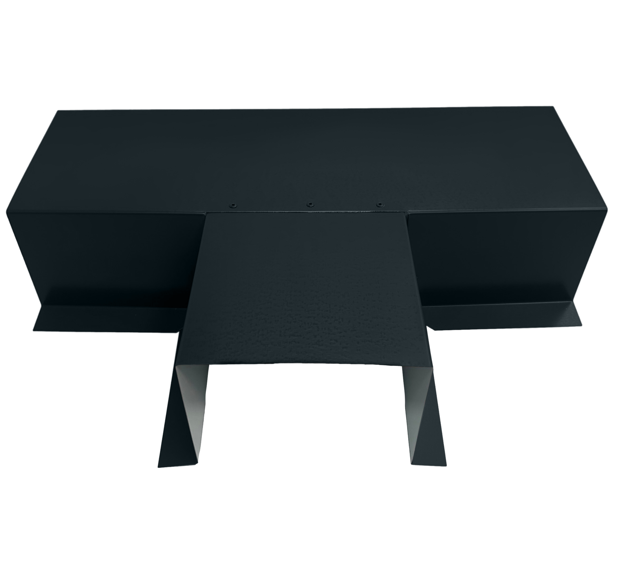 A PermaCover Metal HVAC Line Set Cover T-Joint Connector that is made to attach to exterior walls to cover existing HVAC line sets. The elbow cover is Matte Black in color.