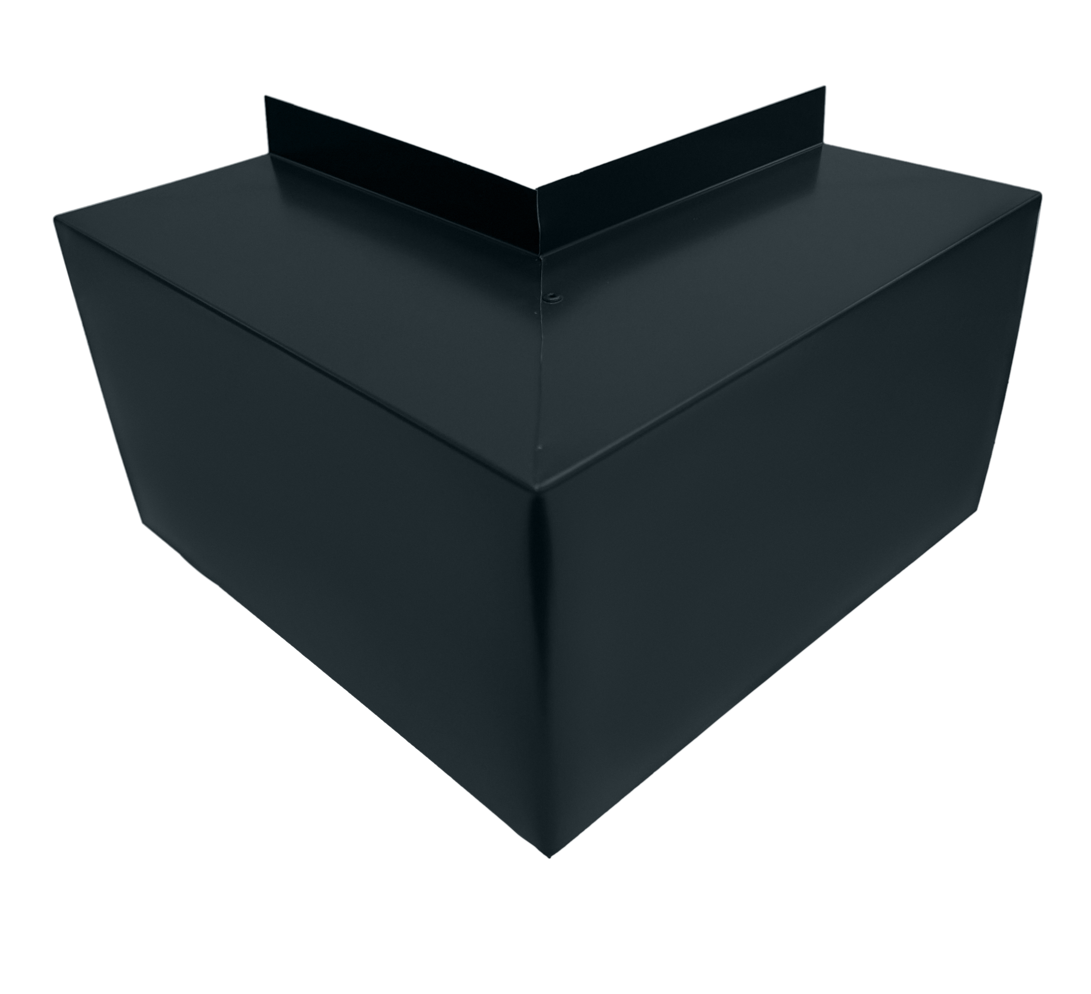 A PermaCover Metal HVAC Line Set Cover Outside Corner Elbow that is made to attach to exterior walls to cover existing HVAC line sets. The elbow cover is Matte Black in color.