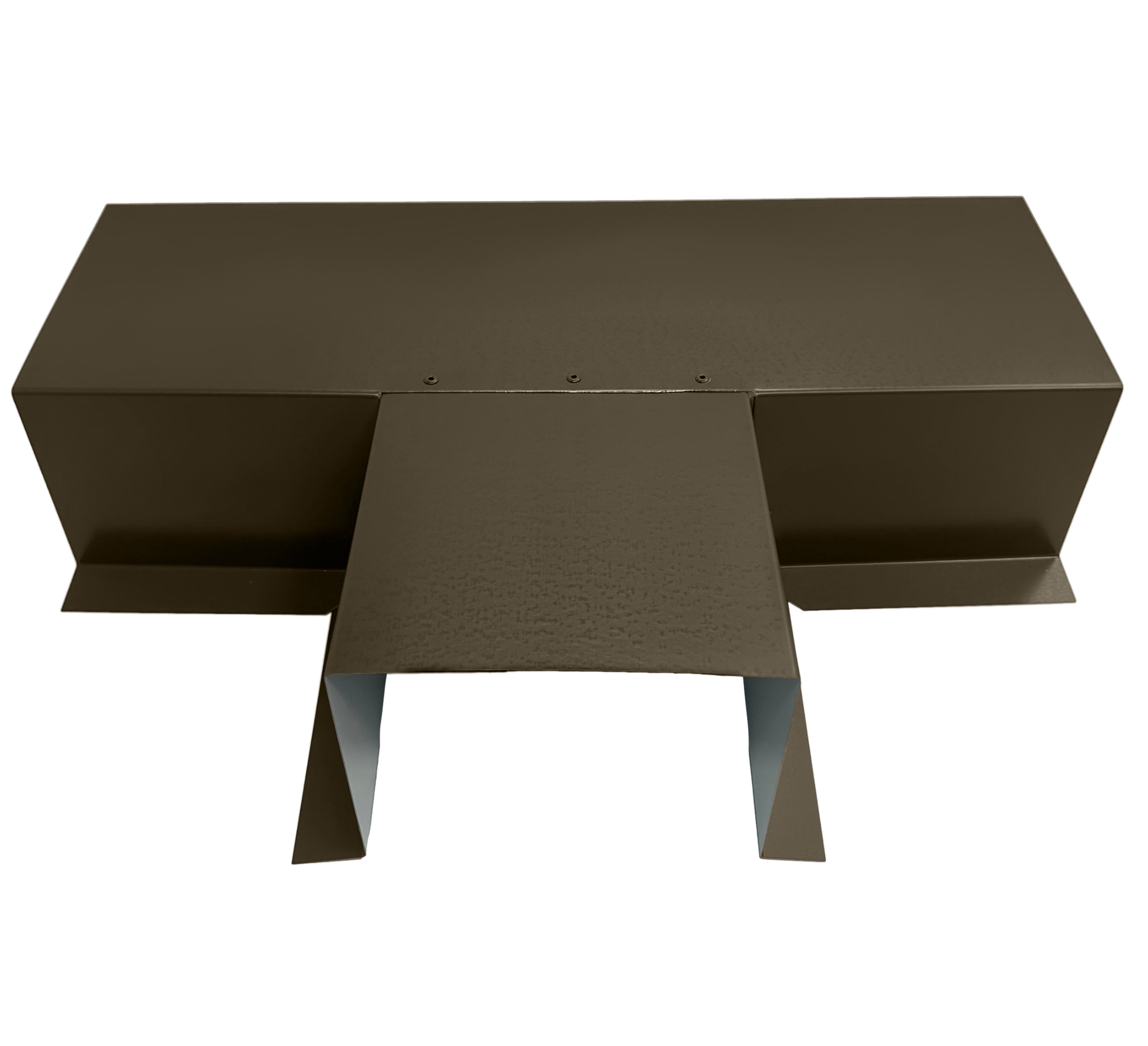 A PermaCover Metal HVAC Line Set Cover T-Joint Connector that is made to attach to exterior walls to cover existing HVAC line sets. The elbow cover is Medium Bronze in color.