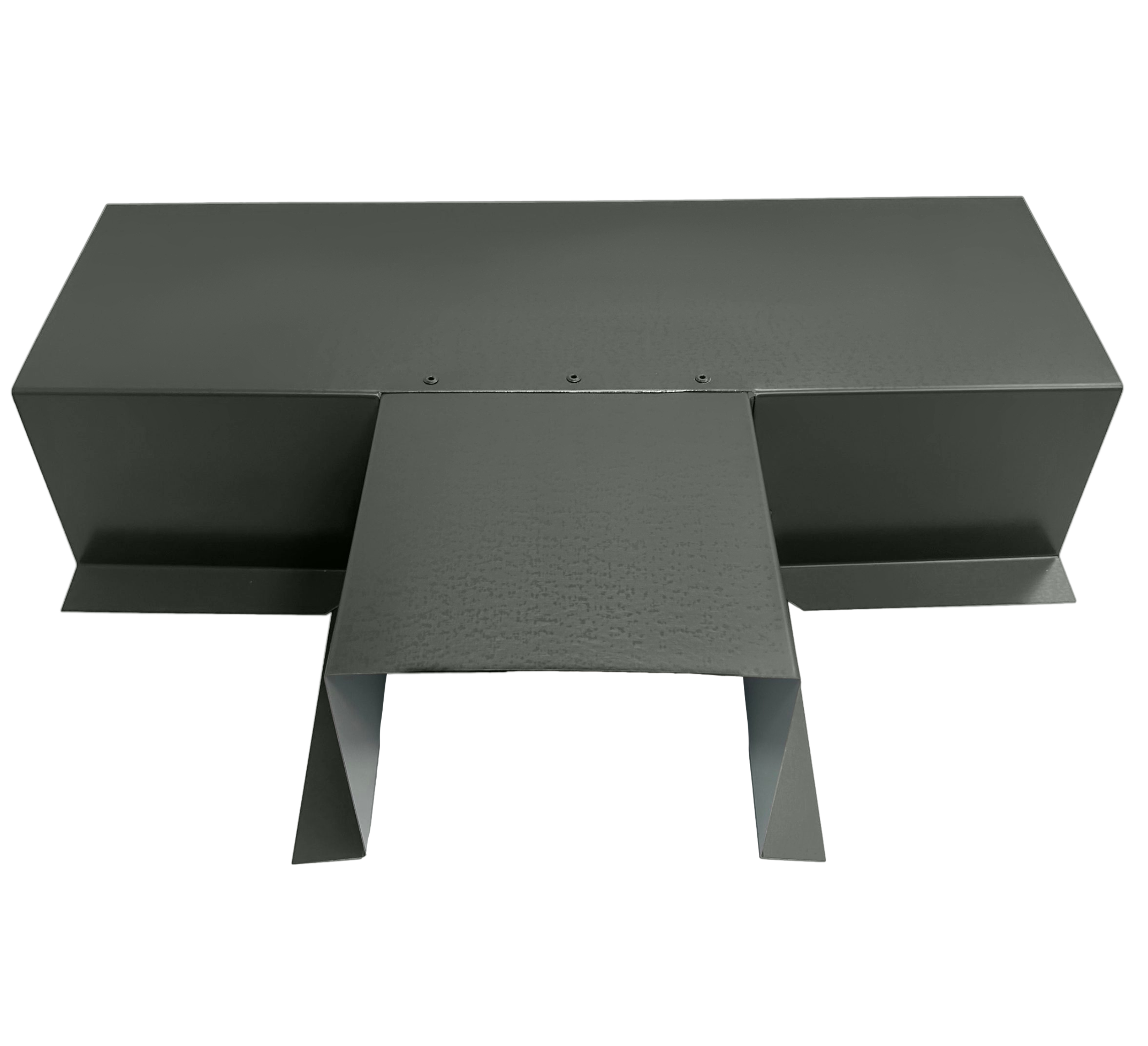 A PermaCover Metal HVAC Line Set Cover T-Joint Connector that is made to attach to exterior walls to cover existing HVAC line sets. The elbow cover is Musket Gray in color.