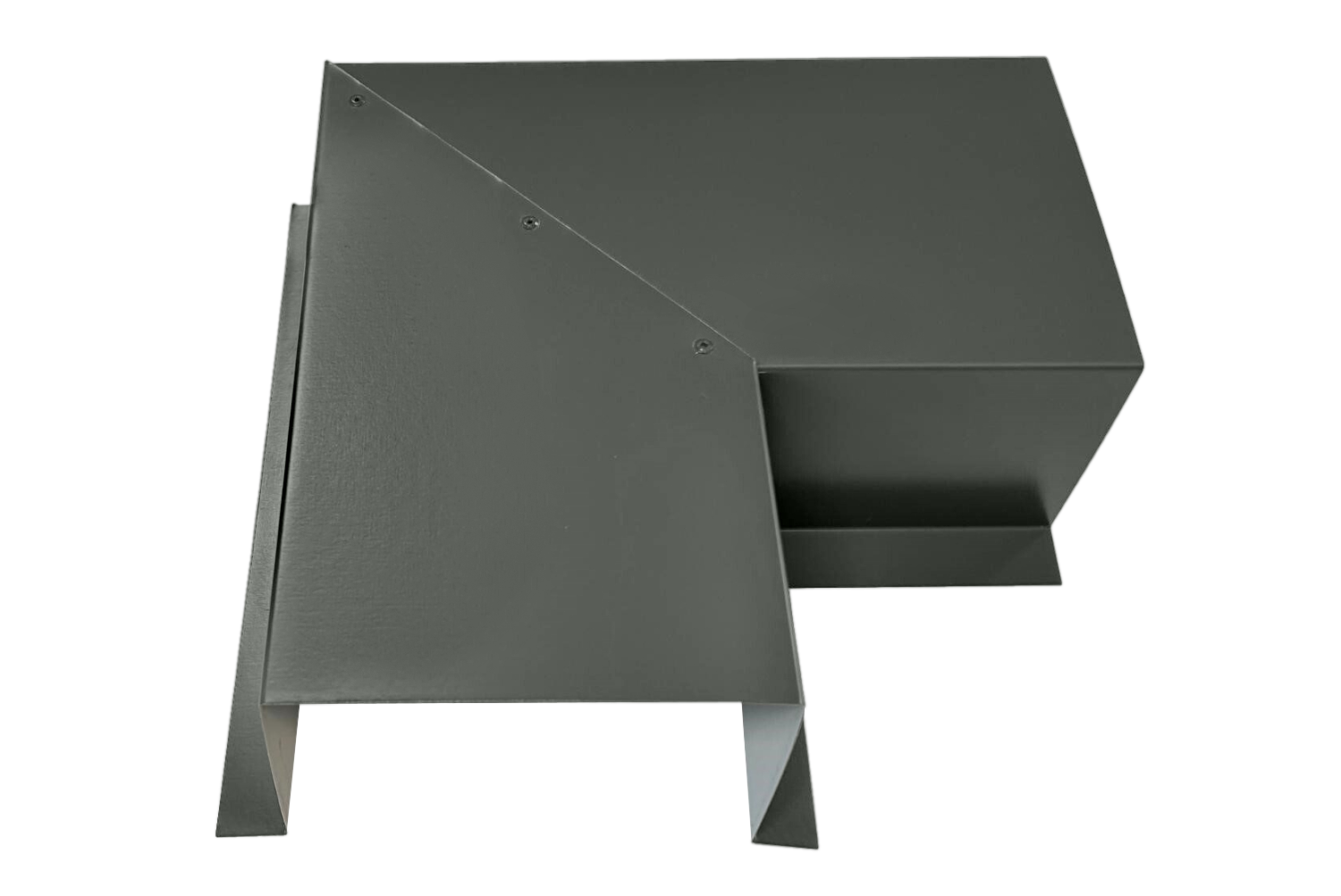 A PermaCover Metal HVAC Line Set Cover 90° Side Turning Elbow that is made to attach to exterior walls to cover existing HVAC line sets. The elbow cover is Musket Gray in color.