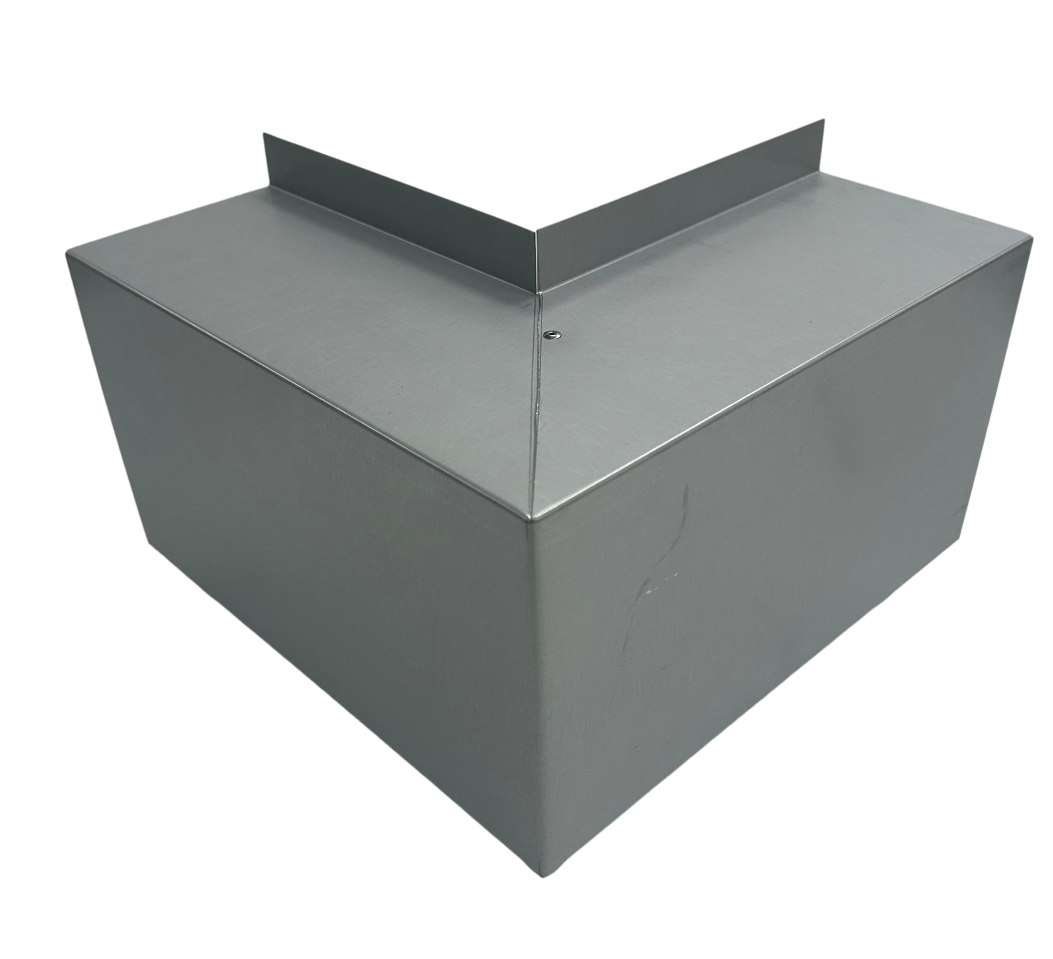 A PermaCover Metal HVAC Line Set Cover Outside Corner Elbow that is made to attach to exterior walls to cover existing HVAC line sets. The elbow cover made from 26 Gauge Paintable Steel.