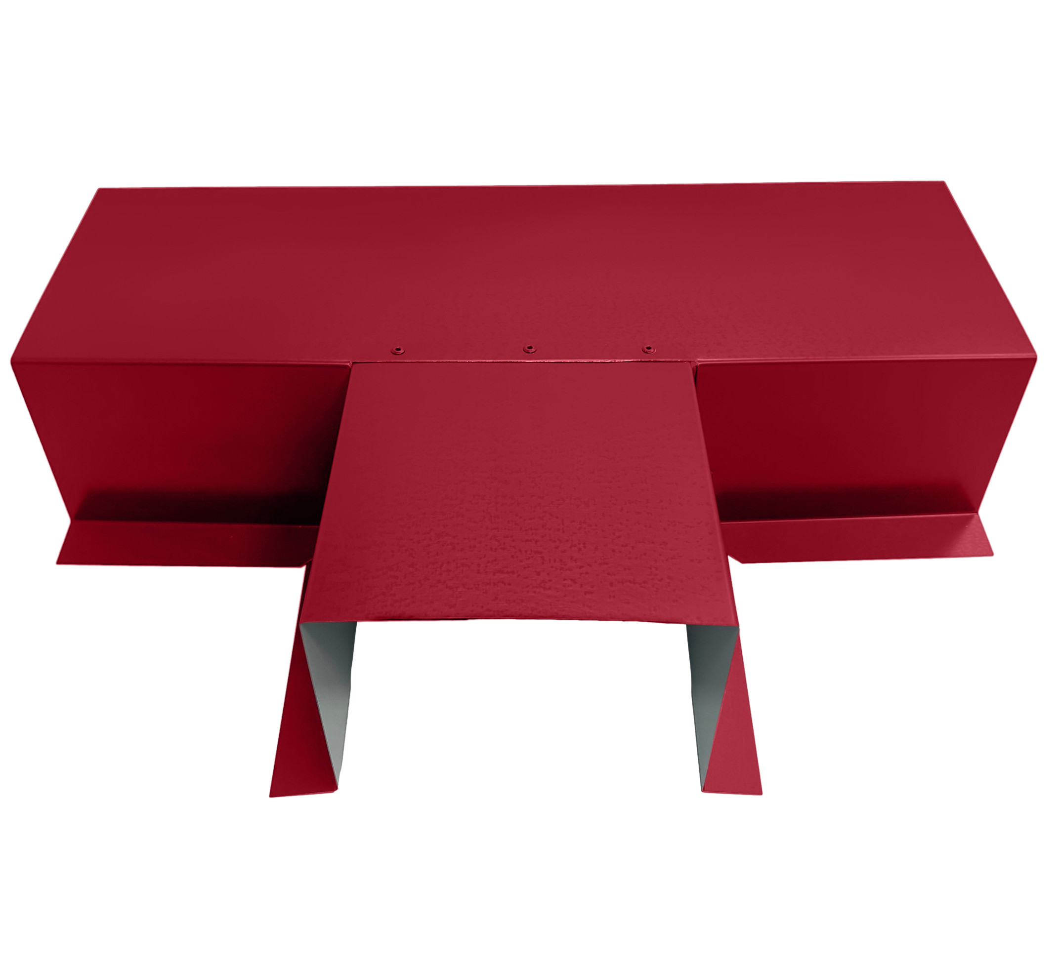 A PermaCover Metal HVAC Line Set Cover T-Joint Connector that is made to attach to exterior walls to cover existing HVAC line sets. The elbow cover is Regal Red in color.