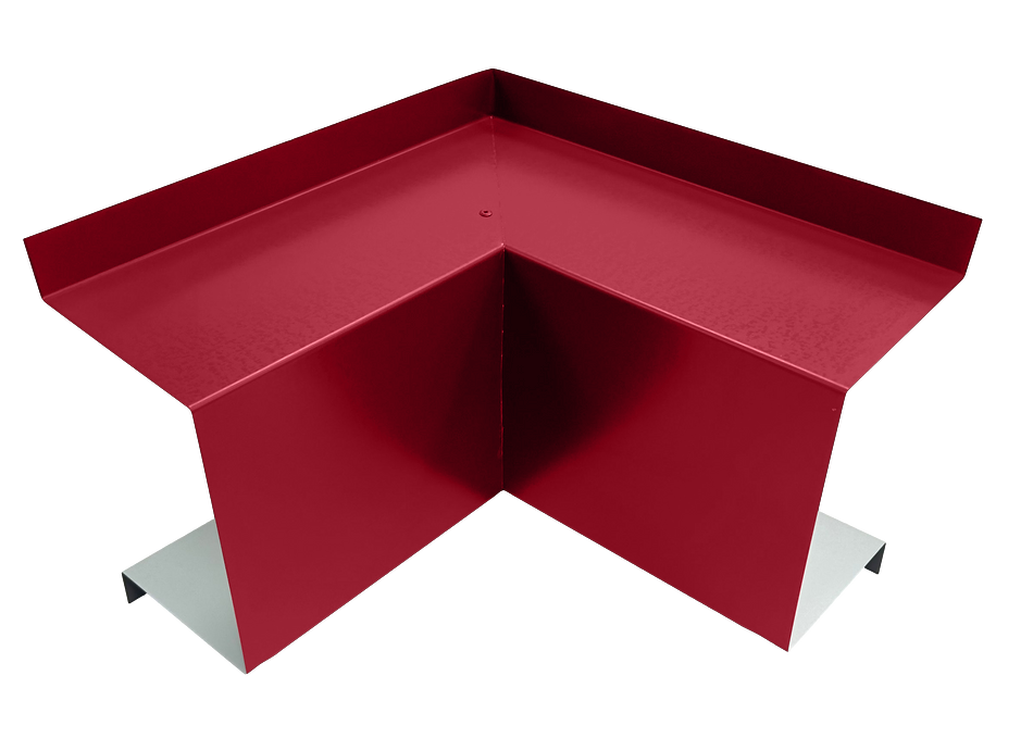 A PermaCover Metal HVAC Line Set Cover Inside Corner Elbow that is made to attach to exterior walls to cover existing HVAC line sets. The elbow cover is Regal Red in color.
