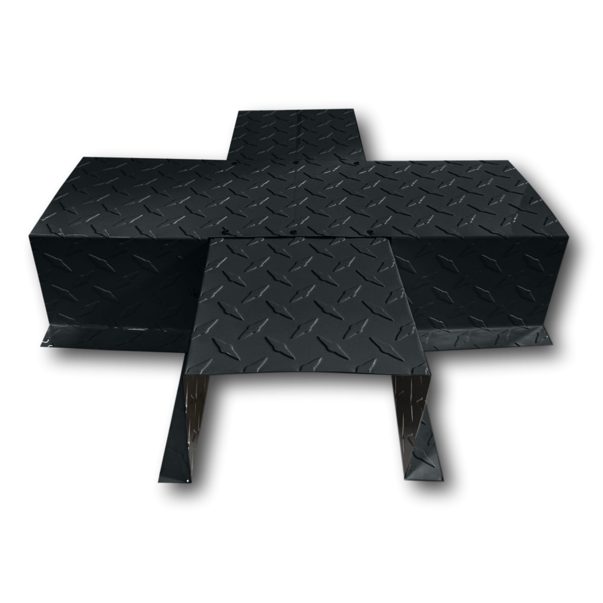 A PermaCover Metal HVAC Line Set Cover 4-Way T-Joint Connector that is made to attach to exterior walls to cover existing HVAC line sets. The elbow cover is made from Aluminum Diamond Plate and is Black in color.