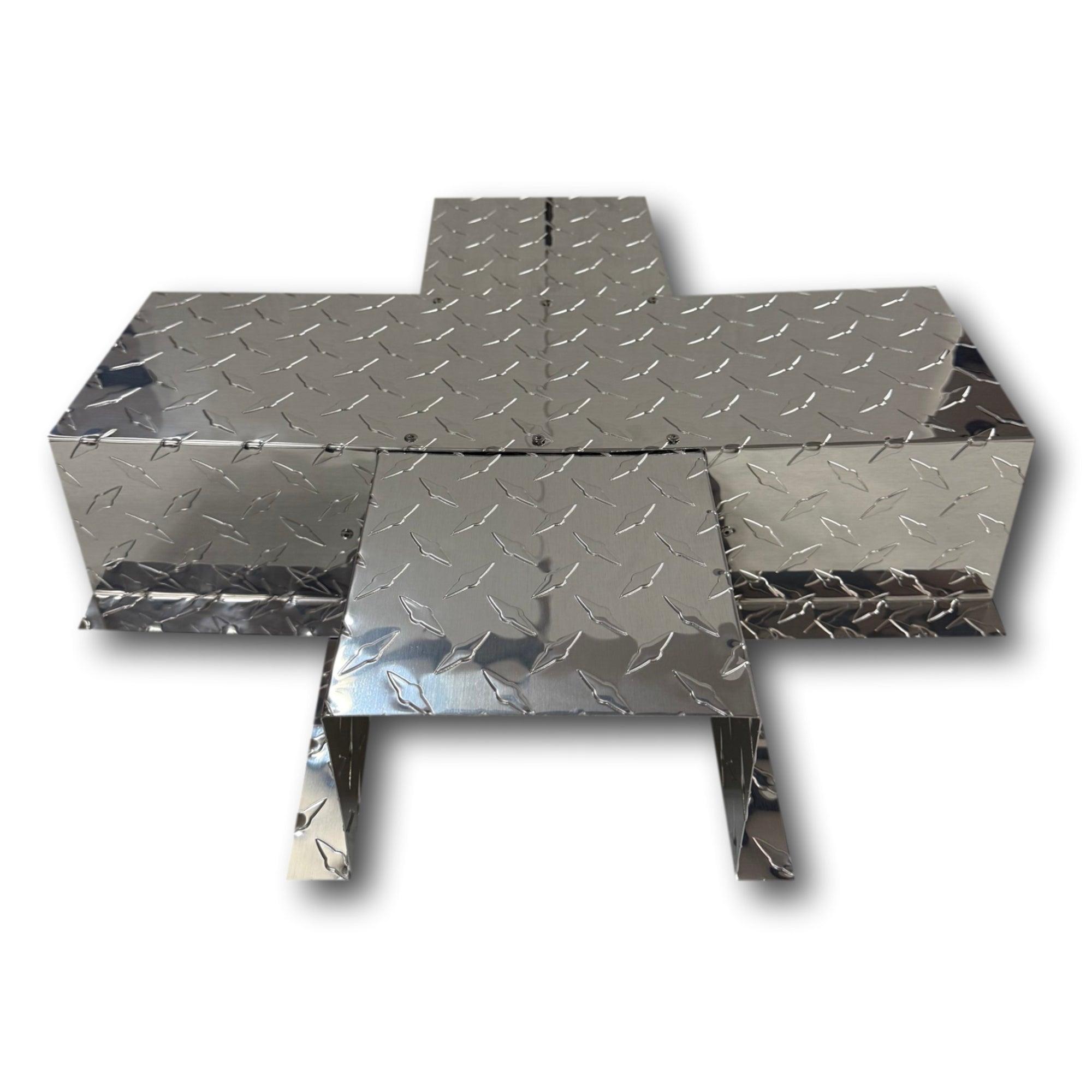 A PermaCover Metal HVAC Line Set Cover 4-Way T-Joint Connector that is made to attach to exterior walls to cover existing HVAC line sets. The elbow cover is made from Aluminum Diamond Plate and is Silver in color.