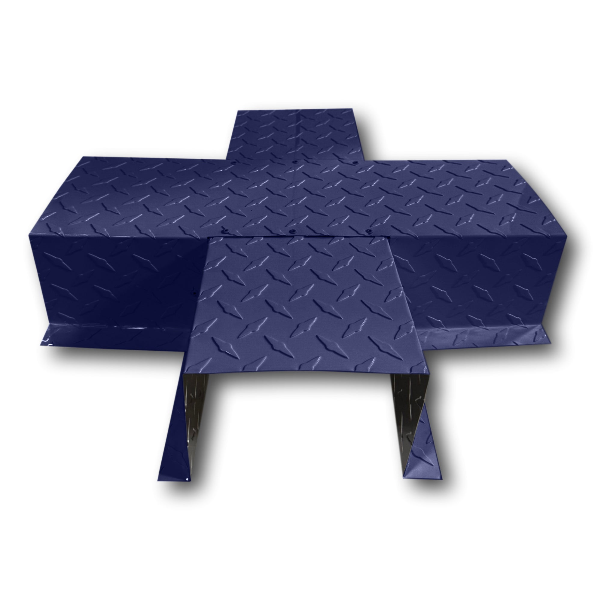 A PermaCover Metal HVAC Line Set Cover 4-Way T-Joint Connector that is made to attach to exterior walls to cover existing HVAC line sets. The elbow cover is made from Aluminum Diamond Plate and is Indigo Blue in color.