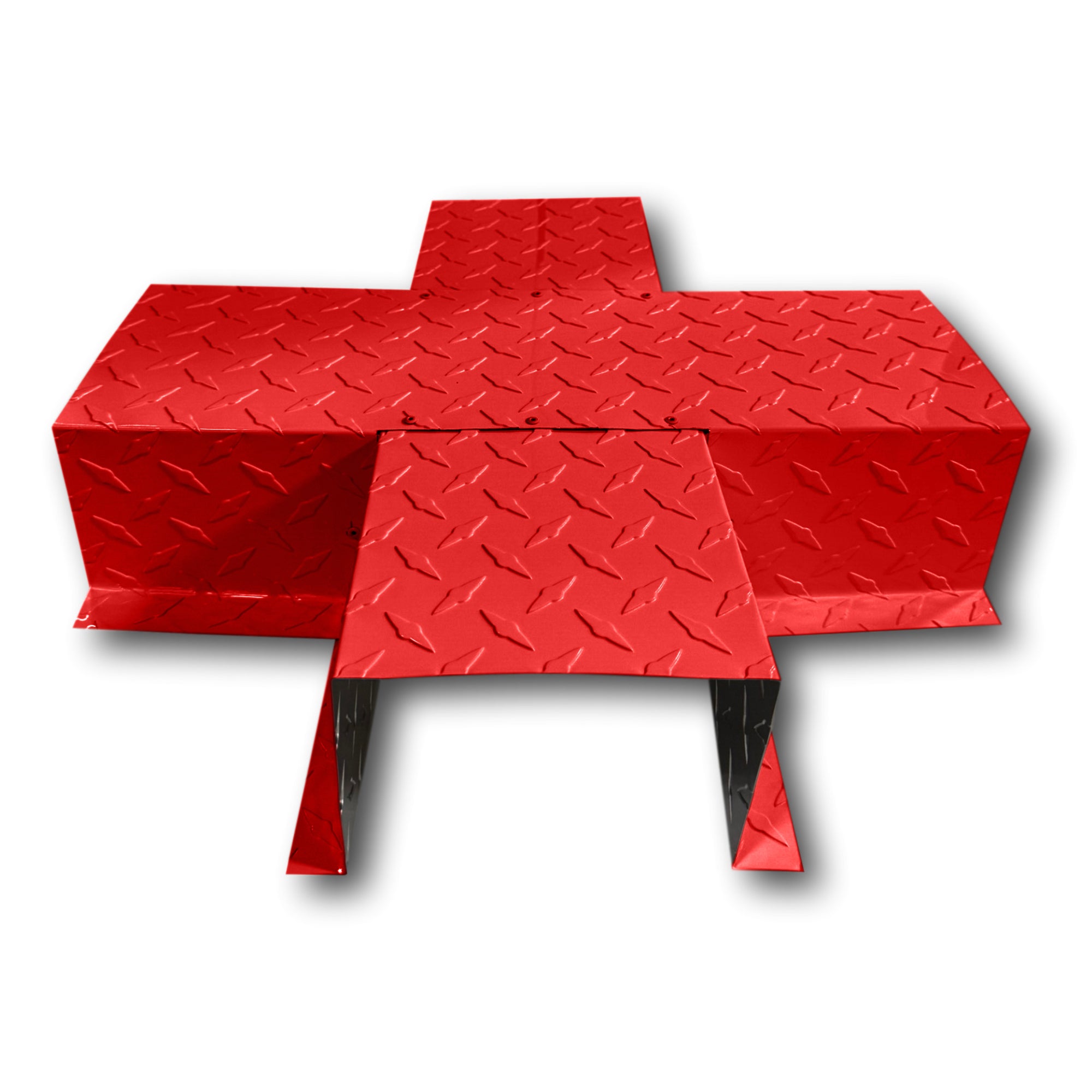 A PermaCover Metal HVAC Line Set Cover 4-Way T-Joint Connector that is made to attach to exterior walls to cover existing HVAC line sets. The elbow cover is made from Aluminum Diamond Plate and is Red in color.