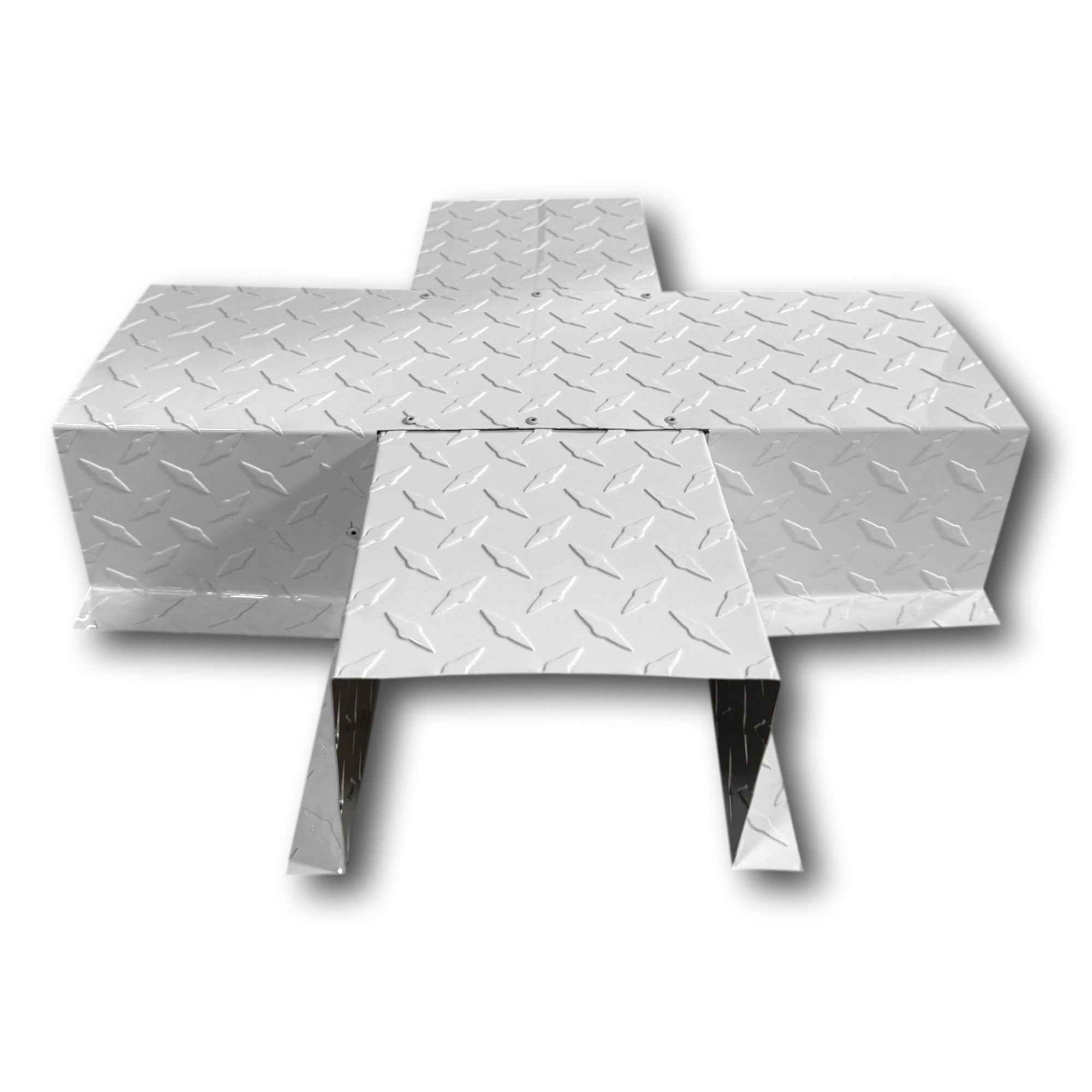 A PermaCover Metal HVAC Line Set Cover 4-Way T-Joint Connector that is made to attach to exterior walls to cover existing HVAC line sets. The elbow cover is made from Aluminum Diamond Plate and is White in color.