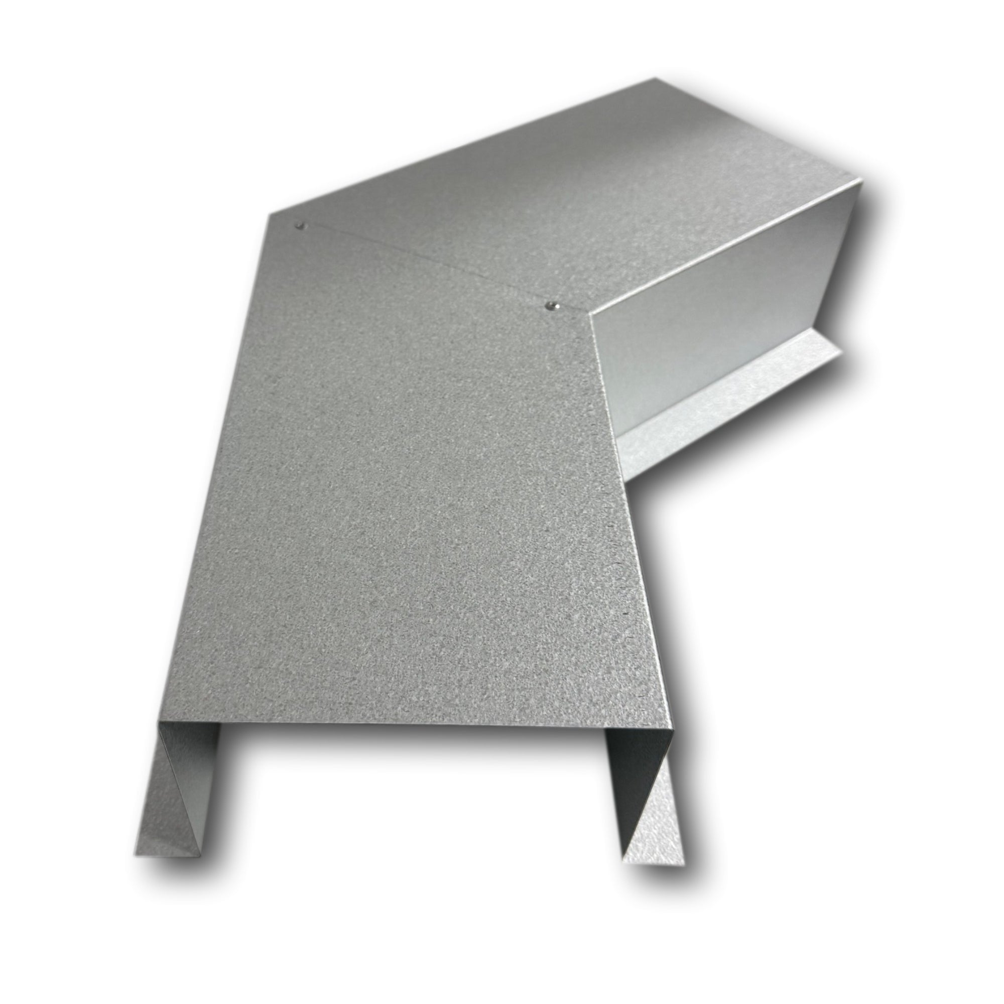 A PermaCover Metal HVAC Line Set Cover 45° Side Turning Elbow that is made to attach to exterior walls to cover existing HVAC line sets. The elbow is made from 26 Gauge Galvalume Steel.