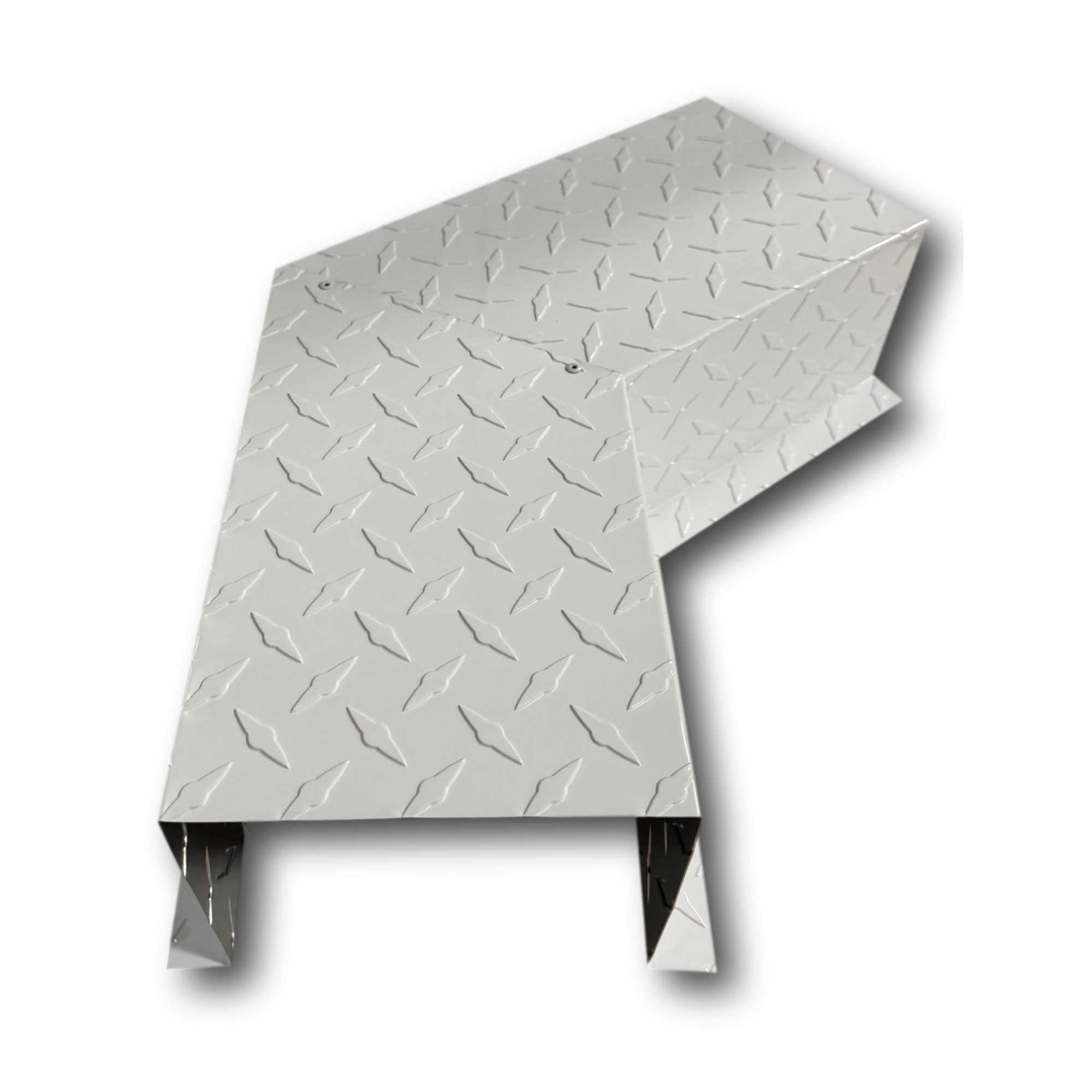 A PermaCover Metal HVAC Line Set Cover 45° Side Turning Elbow that is made to attach to exterior walls to cover existing HVAC line sets. The elbow is made from Aluminum Diamond Plate and is White in color.