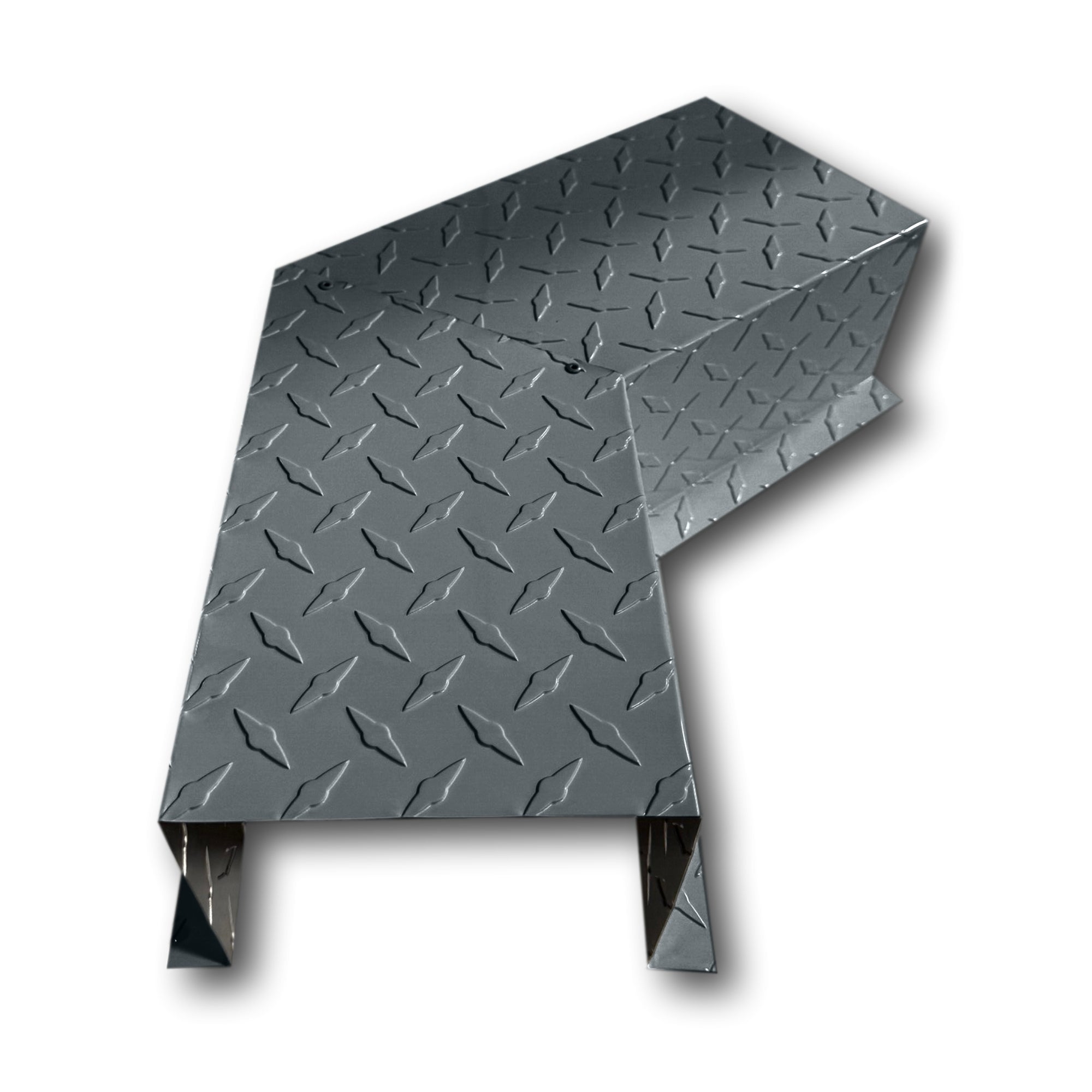A PermaCover Metal HVAC Line Set Cover 45° Side Turning Elbow that is made to attach to exterior walls to cover existing HVAC line sets. The elbow is made from Aluminum Diamond Plate and is Gray in color.