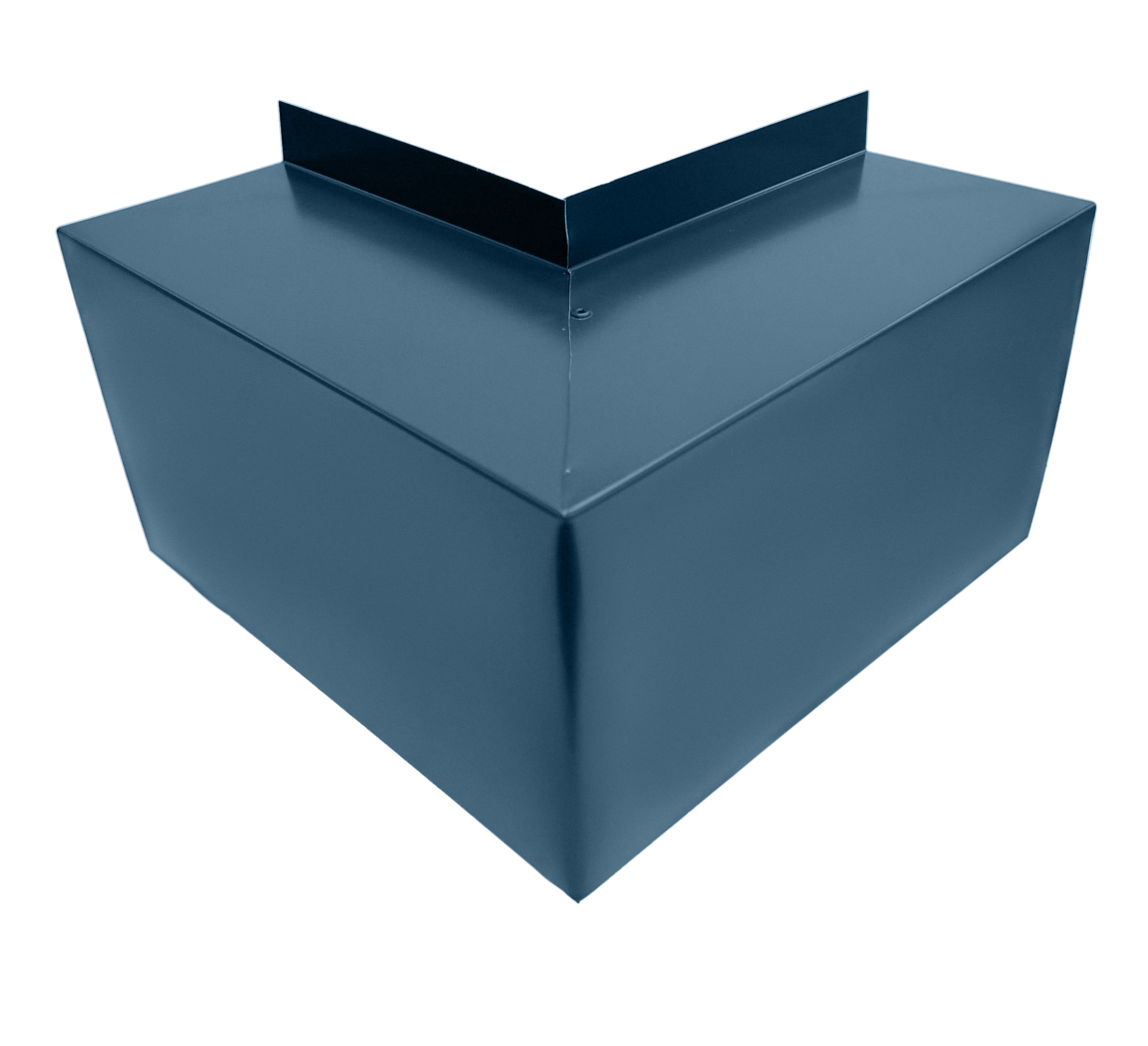 A PermaCover Metal HVAC Line Set Cover Outside Corner Elbow that is made to attach to exterior walls to cover existing HVAC line sets. The elbow cover is Royal Blue in color.