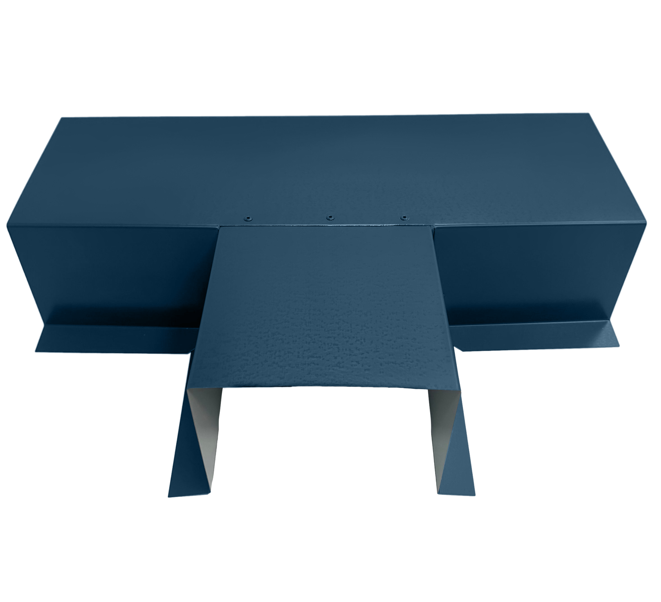 A PermaCover Metal HVAC Line Set Cover T-Joint Connector that is made to attach to exterior walls to cover existing HVAC line sets. The elbow cover is Royal Blue in color.