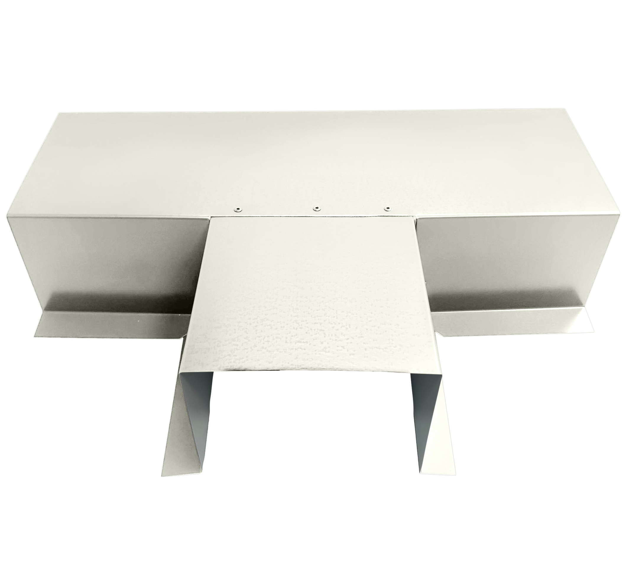 A PermaCover Metal HVAC Line Set Cover T-Joint Connector that is made to attach to exterior walls to cover existing HVAC line sets. The elbow cover is Sandstone in color.