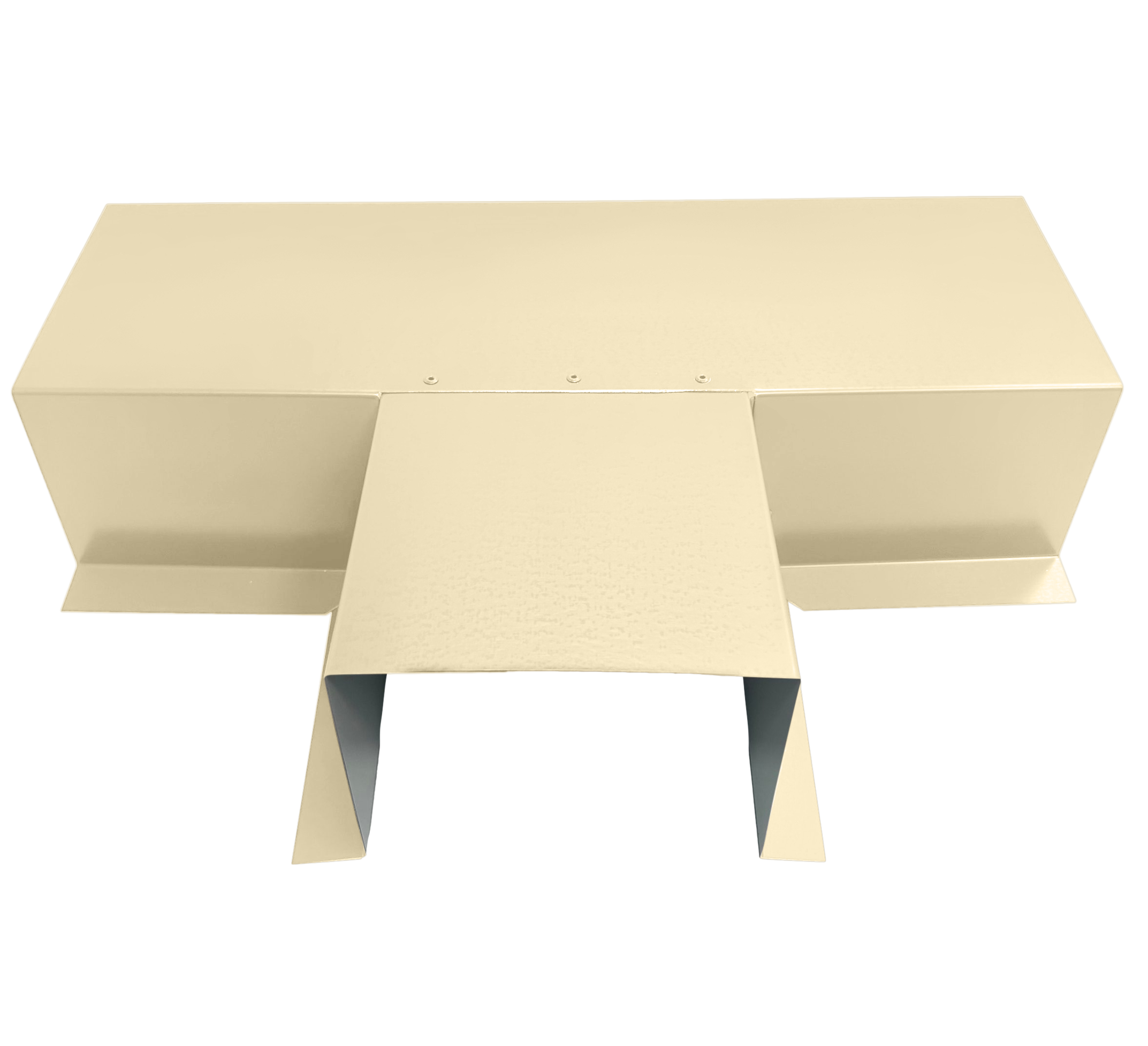 A PermaCover Metal HVAC Line Set Cover T-Joint Connector that is made to attach to exterior walls to cover existing HVAC line sets. The elbow cover is Sierra Tan in color.