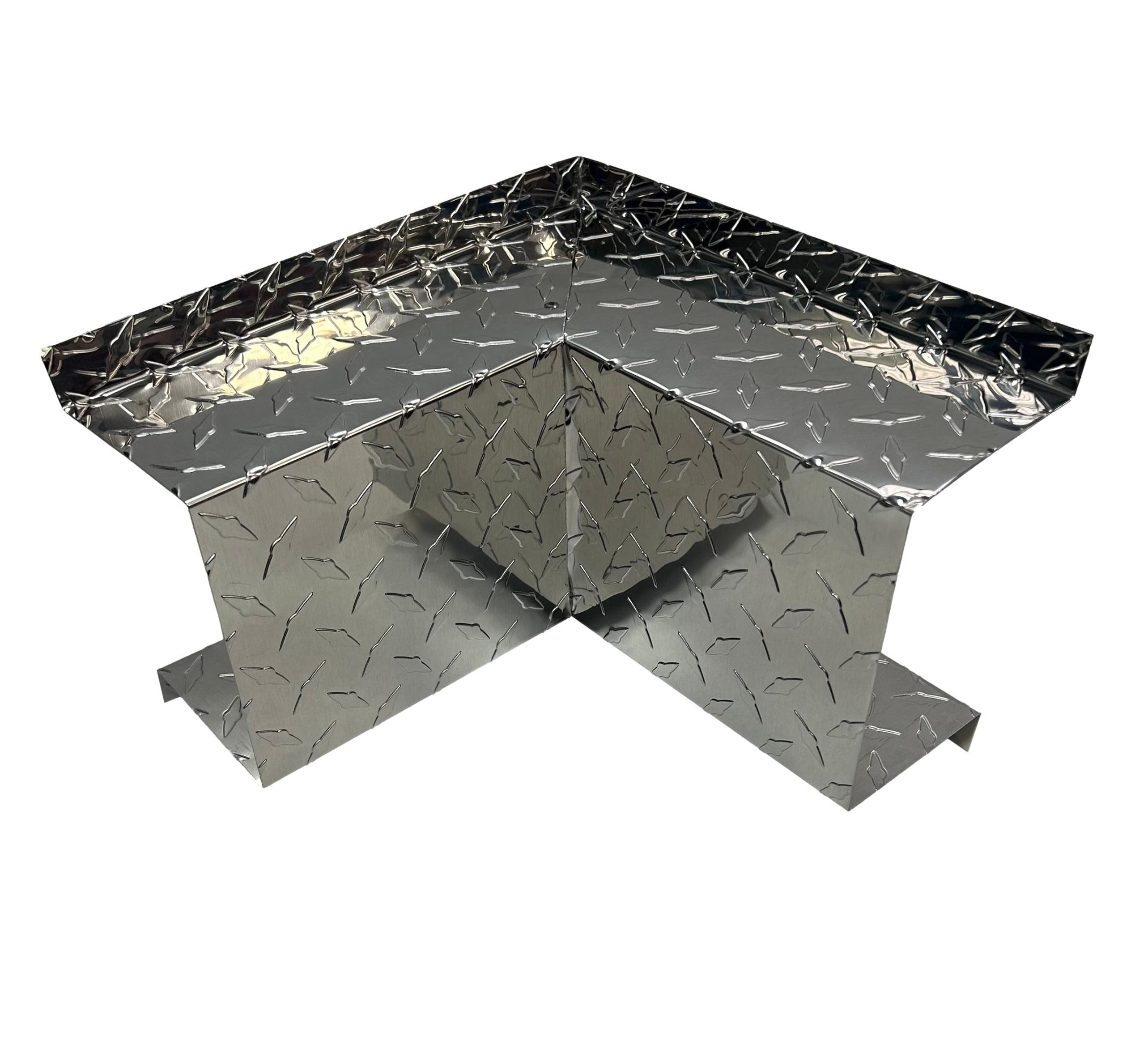 A PermaCover Metal HVAC Line Set Cover Inside Corner Elbow that is made to attach to exterior walls to cover existing HVAC line sets. The elbow cover made from 0.025 inch Aluminum Diamond Tread Plate in color Silver.