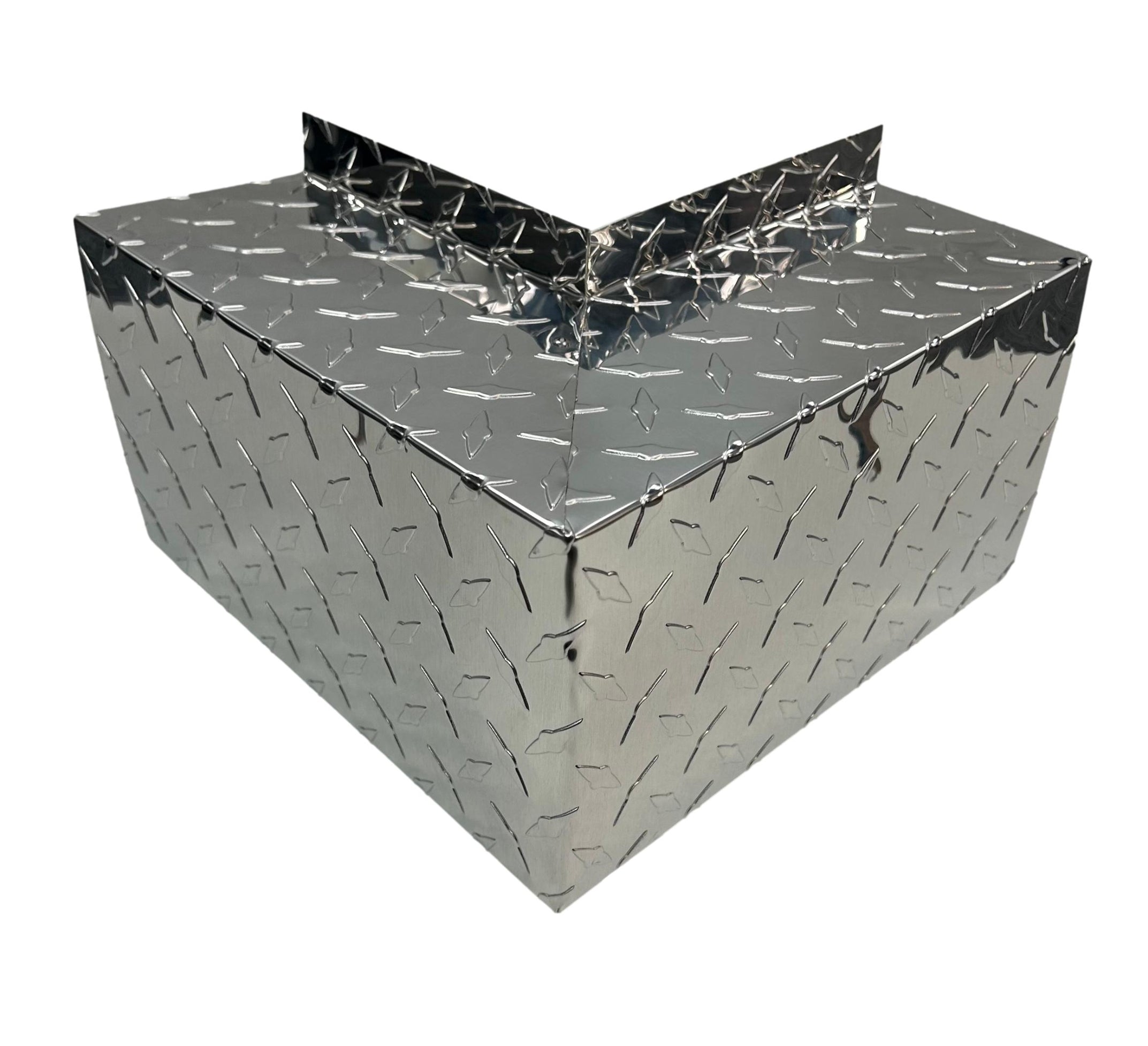 A PermaCover Metal HVAC Line Set Cover Outside Corner Elbow that is made to attach to exterior walls to cover existing HVAC line sets. The elbow cover made from 0.025 inch Aluminum Diamond Tread Plate in the color Silver.