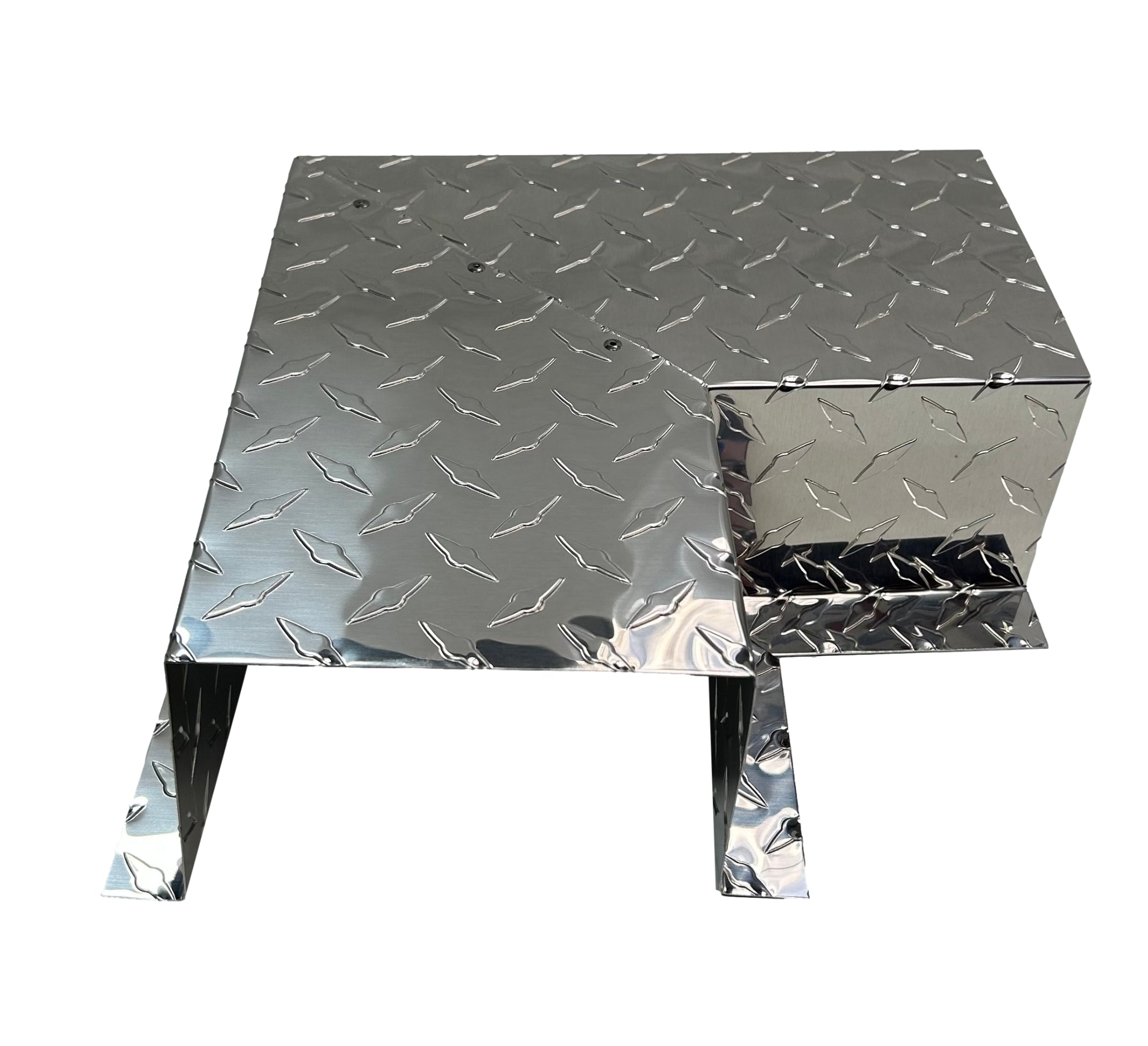A PermaCover Metal HVAC Line Set Cover 90° Side Turning Elbow that is made to attach to exterior walls to cover existing HVAC line sets. The elbow is made from 0.025 inch Aluminum Diamond Plate in the color Silver.