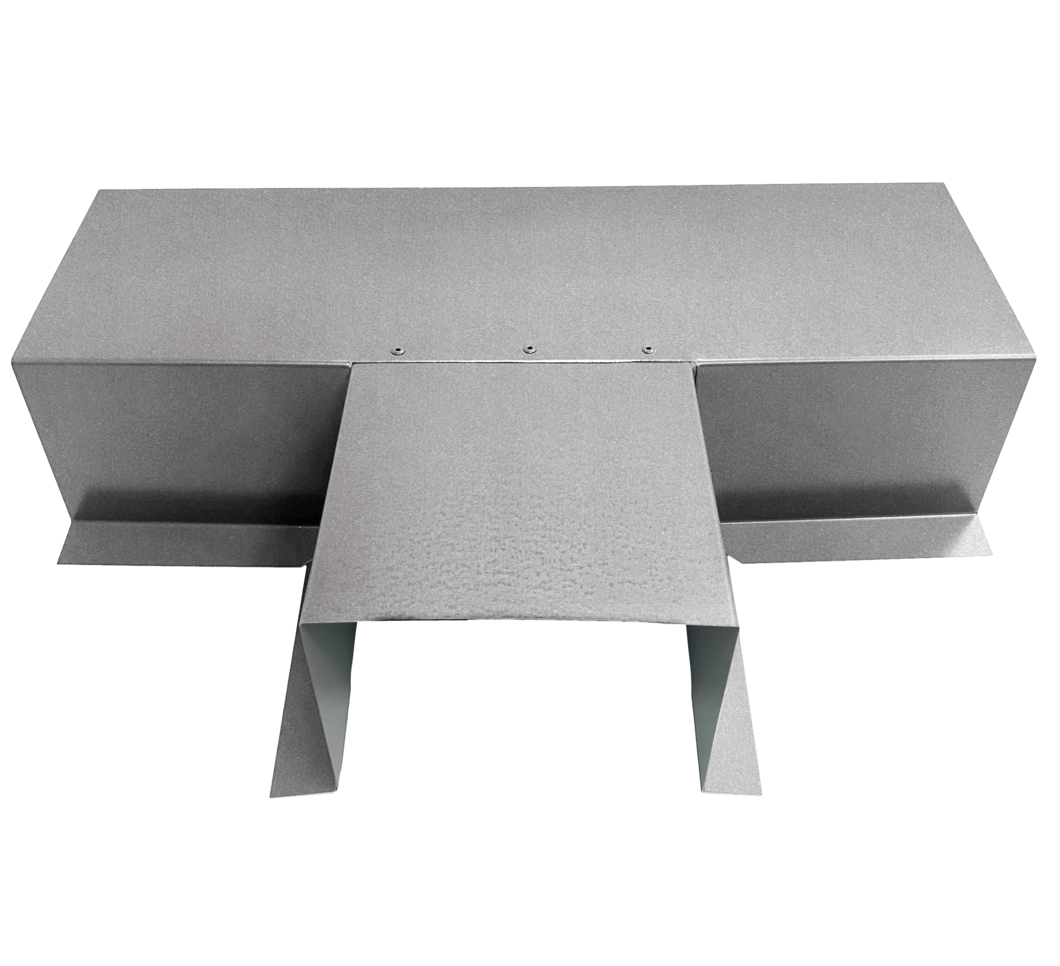 A PermaCover Metal HVAC Line Set Cover T-Joint Connector that is made to attach to exterior walls to cover existing HVAC line sets. The elbow cover is made from 26 Gauge Galvanized Steel.