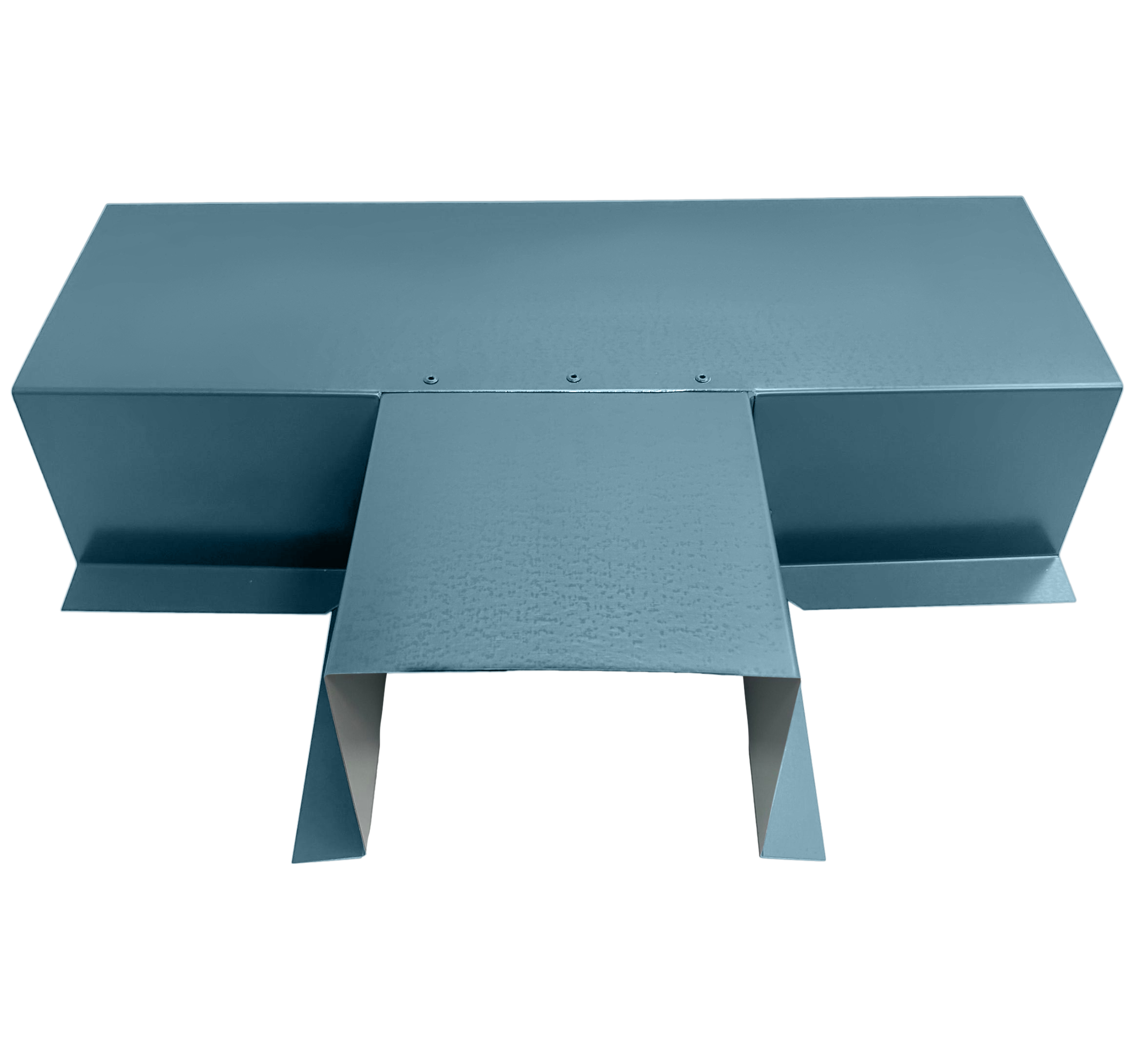 A PermaCover Metal HVAC Line Set Cover T-Joint Connector that is made to attach to exterior walls to cover existing HVAC line sets. The elbow cover is Slate Blue in color.